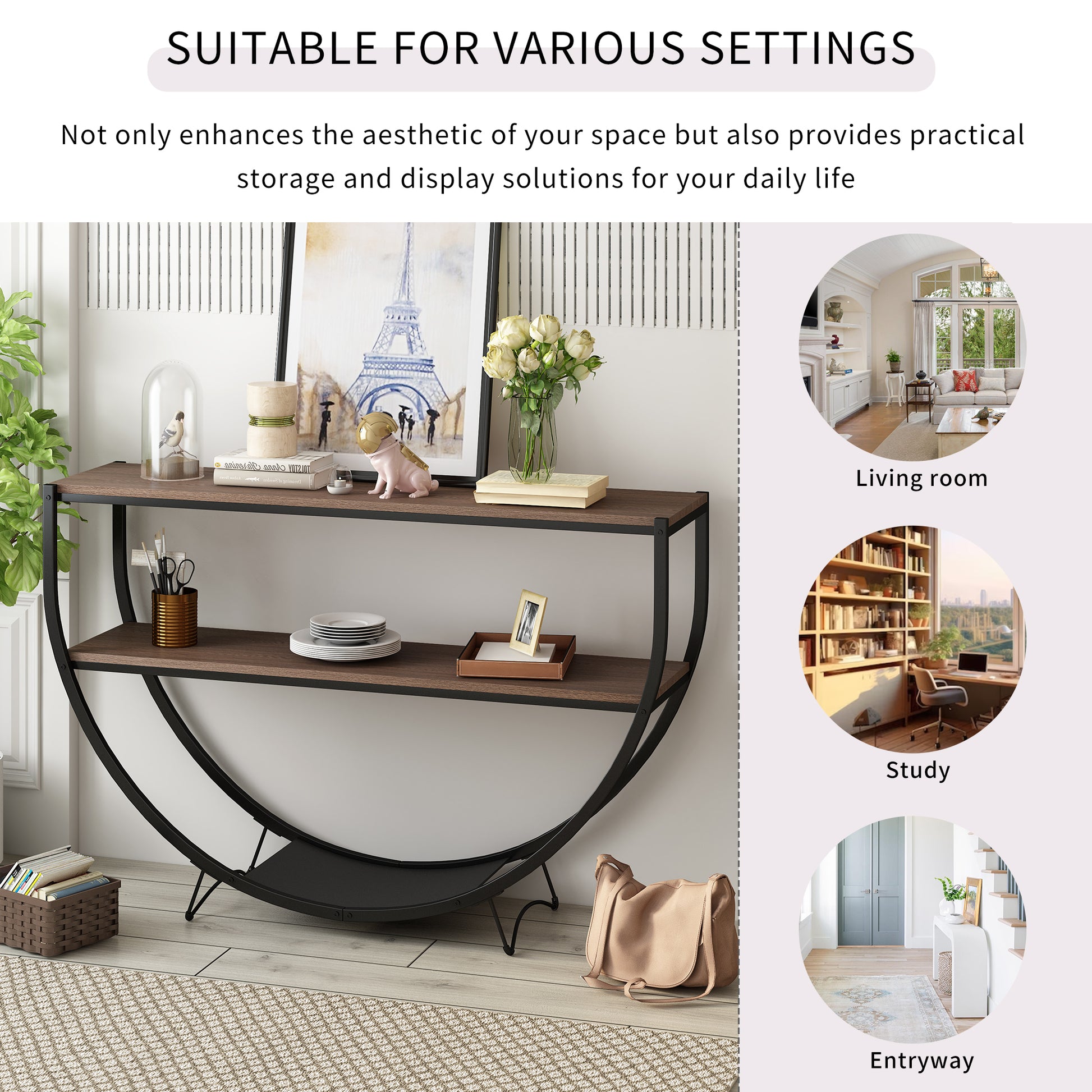 Rustic Industrial Design Demilune Shape Textured Metal Distressed Wood Console Table Dark Brown Dark Brown Mdf
