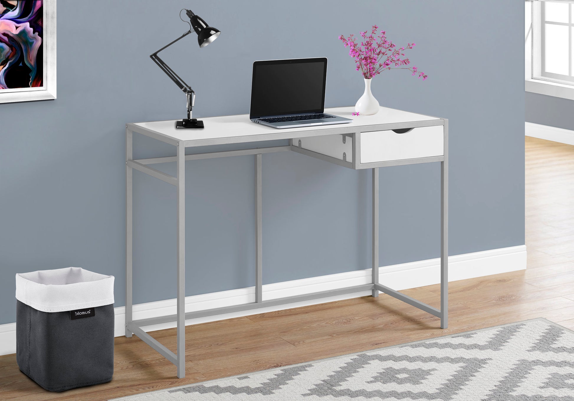 Computer Desk, Home Office, Laptop, Storage Drawer, 42"L, Work, White Laminate, Black Metal, Contemporary, Modern White Mdf