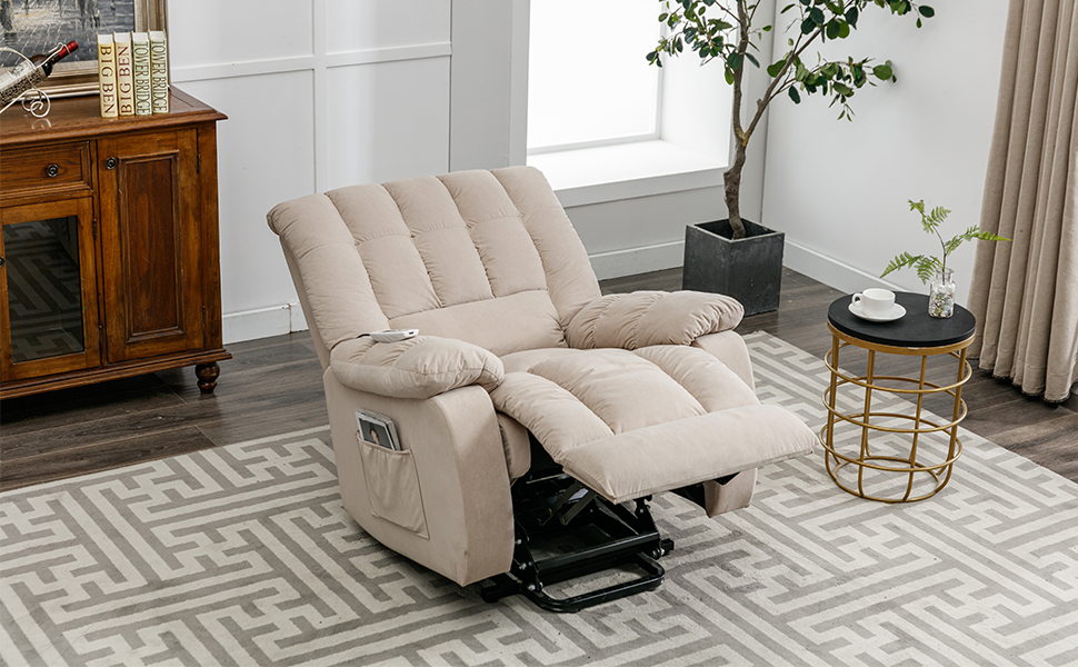 Massage Recliner Chair Electric Power Lift Recliner Chairs With Heat, Vibration, Side Pocket For Living Room Bedroom, Beige Beige Velvet