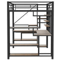 Full Size Metal Loft Bed With Storage Staircase And Small Wardrobe, Built In Desk And Storage Shelves, Black Full Black Metal