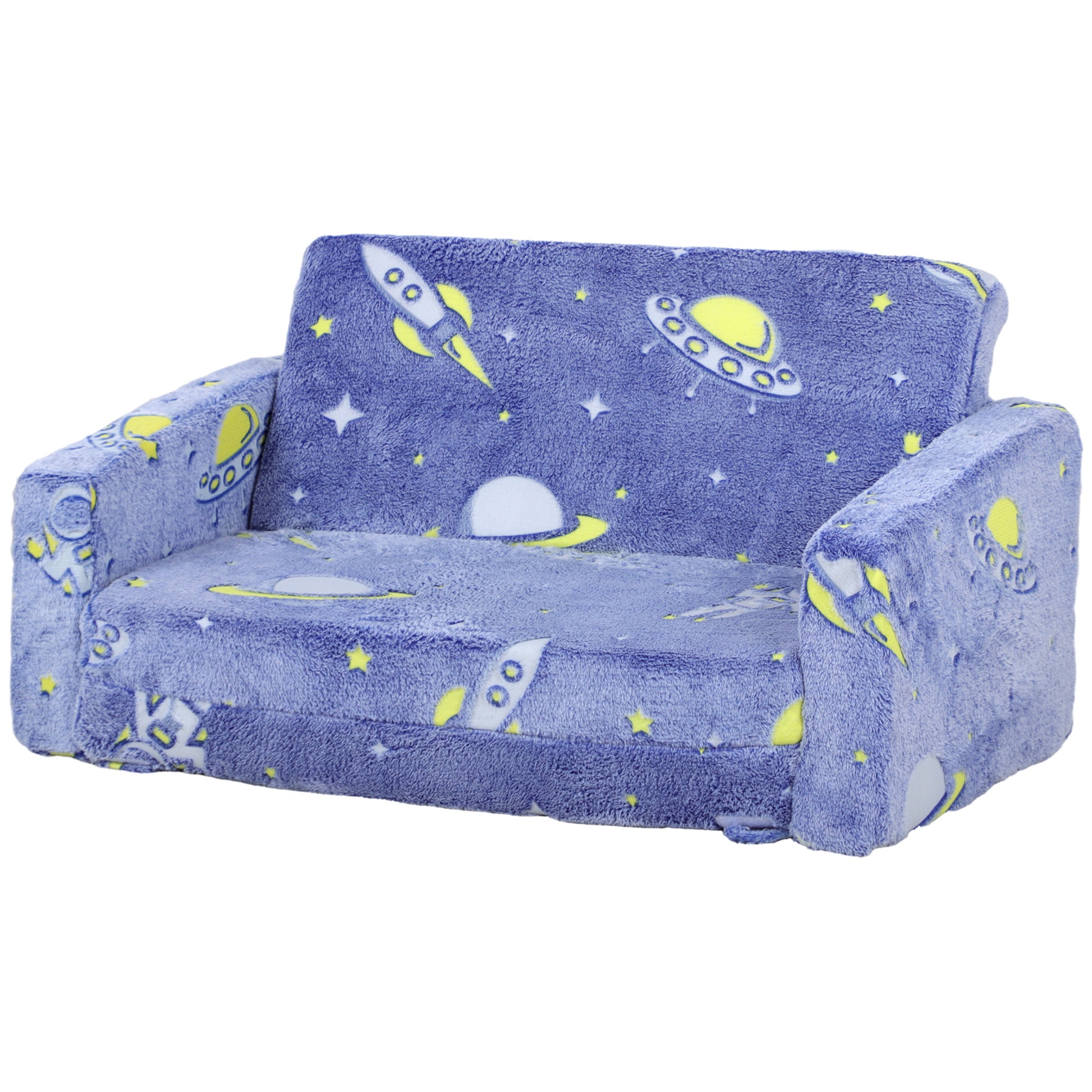 Qaba 2 In 1 Kids Sofa Chair, Toddler Couch With Glow In The Dark Cosmic Patten, Washable Cover, Fold Out Convertible Sofa To Lounger For Playroom Bedroom, Blue Blue Foam