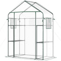 Outsunny Outdoor Walk In Mini Greenhouse With Mesh Door & Windows, Small Portable Garden Green House With 3 Tiers 6 Shelves, Trellis, & Plant Labels Clear Plastic