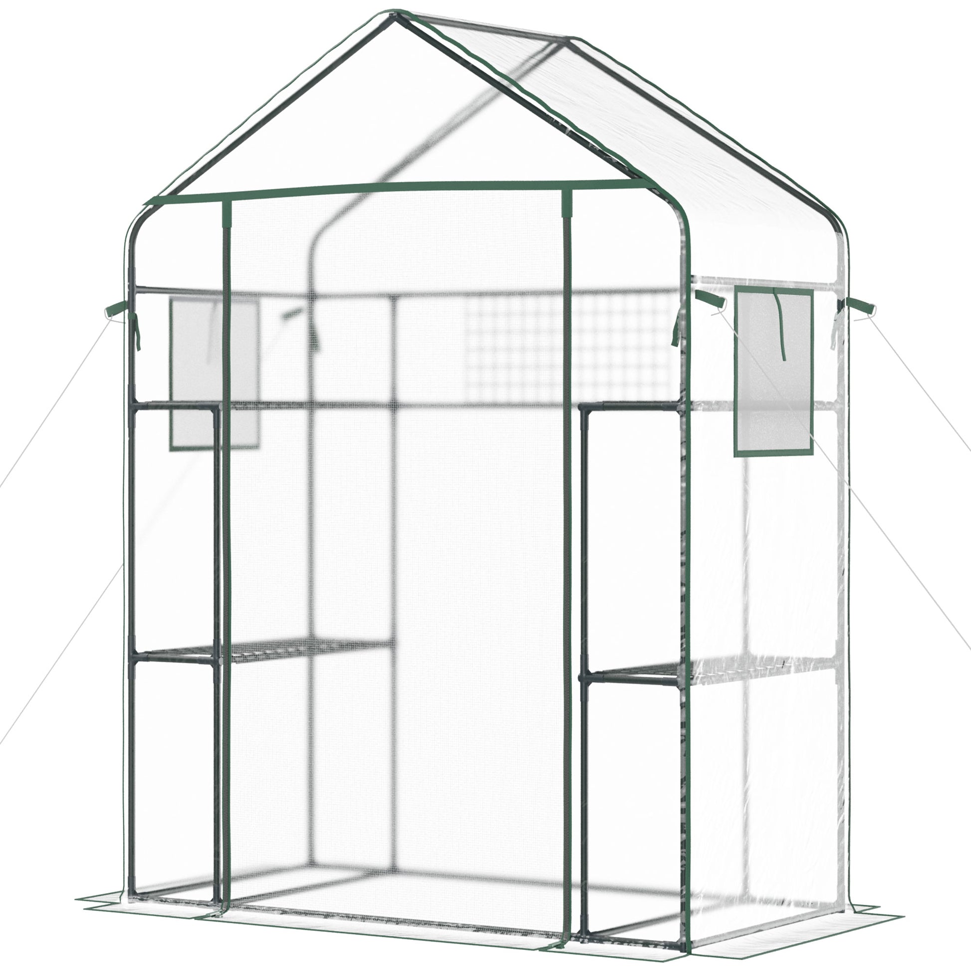 Outsunny Outdoor Walk In Mini Greenhouse With Mesh Door & Windows, Small Portable Garden Green House With 3 Tiers 6 Shelves, Trellis, & Plant Labels Clear Plastic