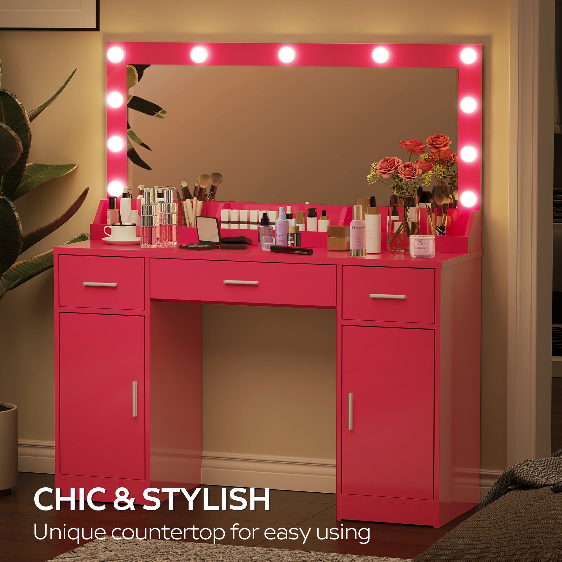 47.2"Vanity Desk With Large Mirror, 3 Colour Lighting Modes, Adjustable Brightness, Dresser With 3 Drawers & 2 Vertical Cabinets, Makeup Vanity Table For Women & Girls Rose Pink Rose Pink Particle Board