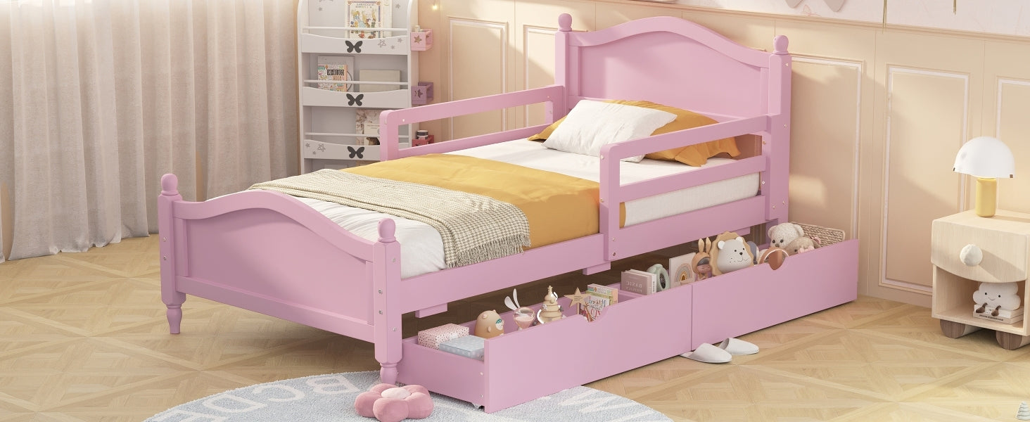 Twin Size Wood Platform Bed With Guardrails On Both Sides And Two Storage Drawers ,Pink Twin Pink Wood