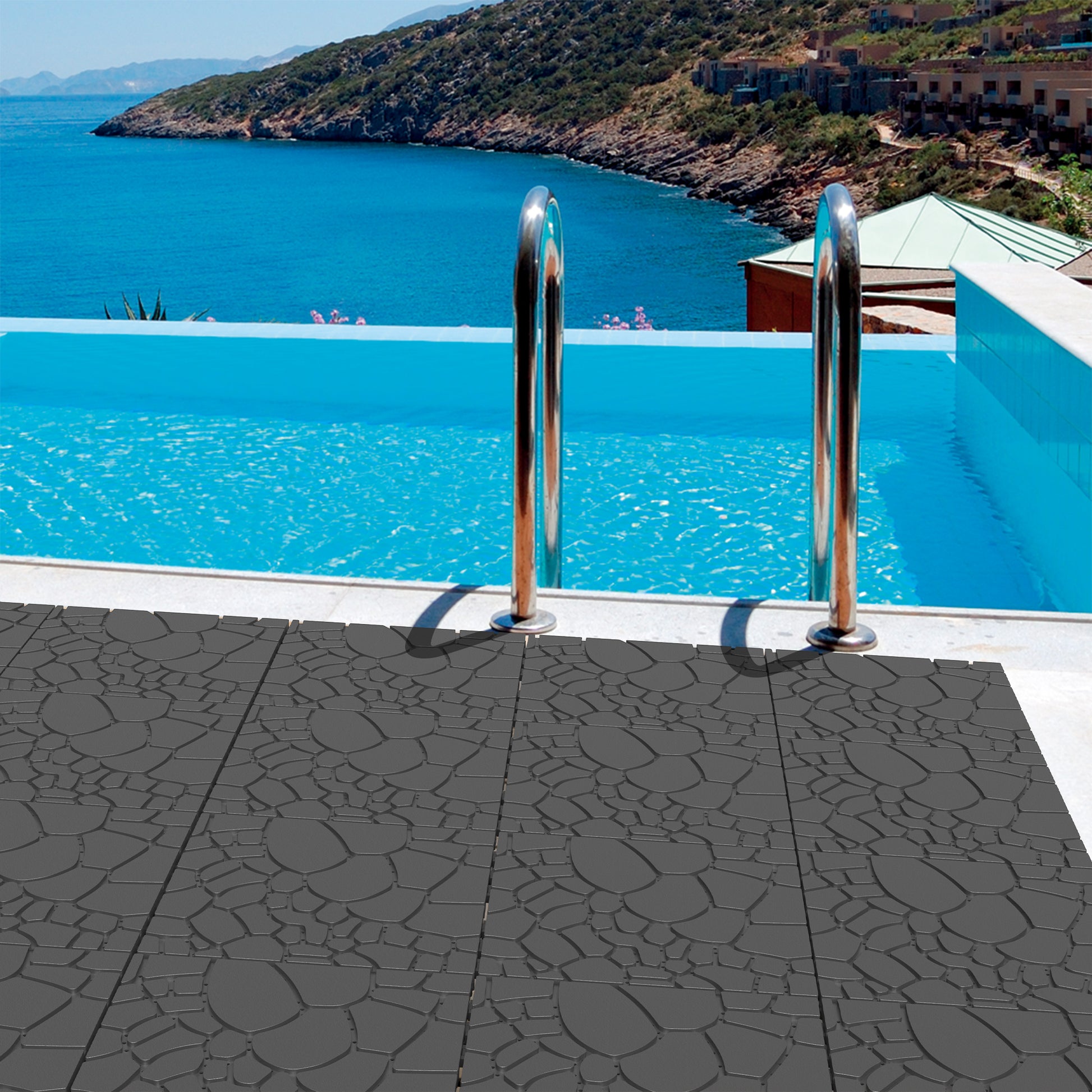 Stone Texture 12" Patio Deck Tiles, Diy Module Interlocking Decking Tiles Floor Tile,Easy And Quick Installation Court Tiles For Porch Poolside Balcony Backyard 44Pcs ,Dark Gray Grey Garden &