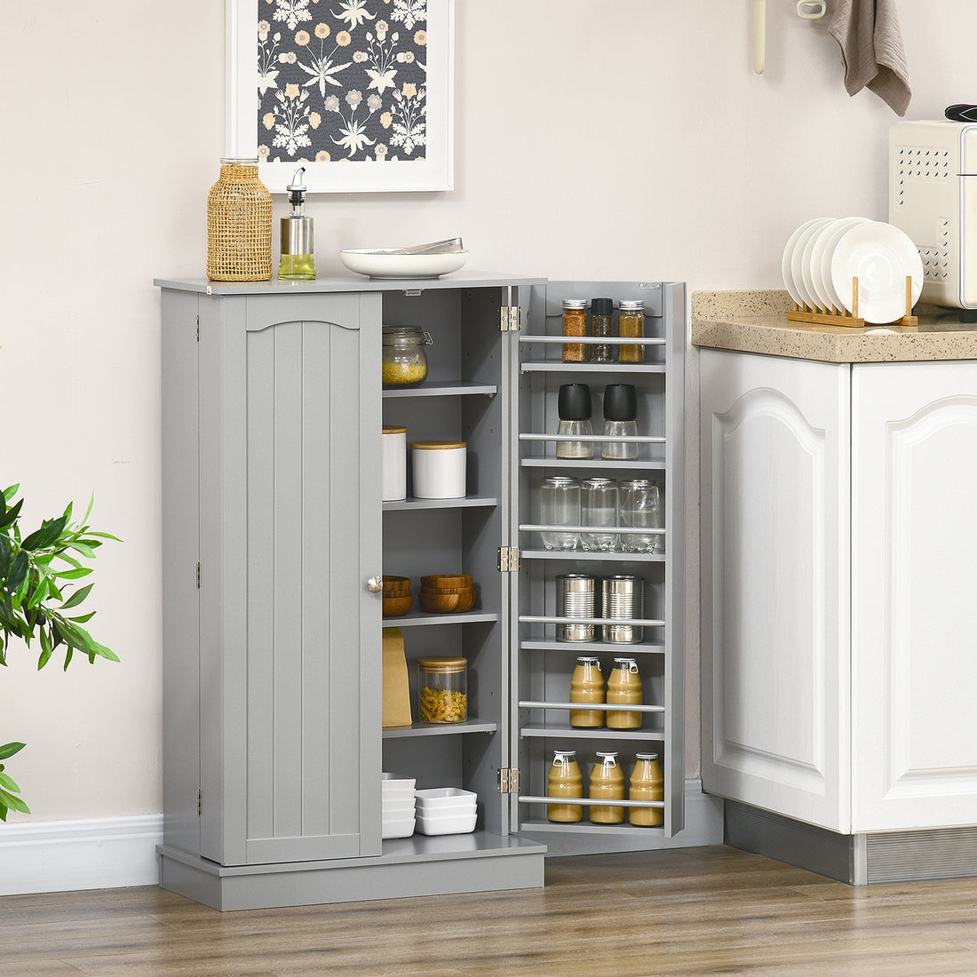 Homcom 41" Kitchen Pantry Storage Cabinet, Freestanding Kitchen Cabinet With 12 Door Shelves, Double Doors, 5 Tier Shelving And Adjustable Shelves, Paper Gray Gray Mdf