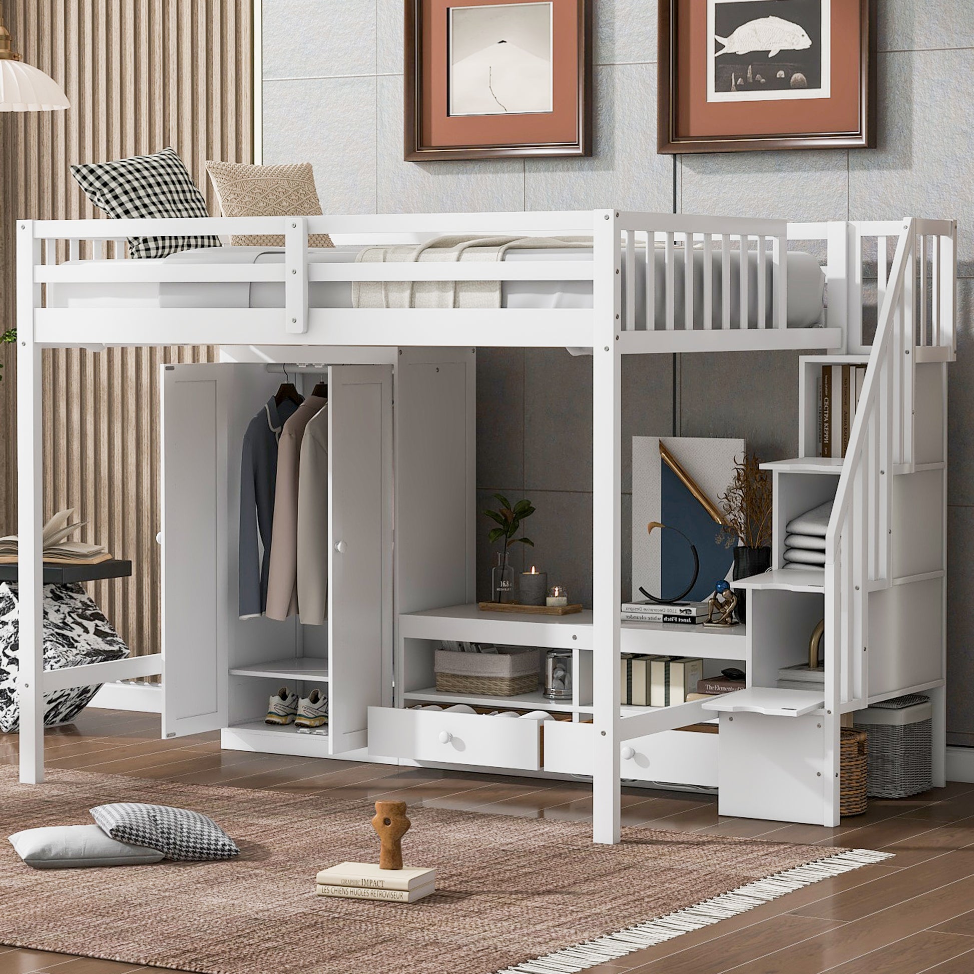 Full Size Loft Bed Frame With Wardrobe,Low Storage Table And Storage Staircase,White Gray White Solid Wood Mdf