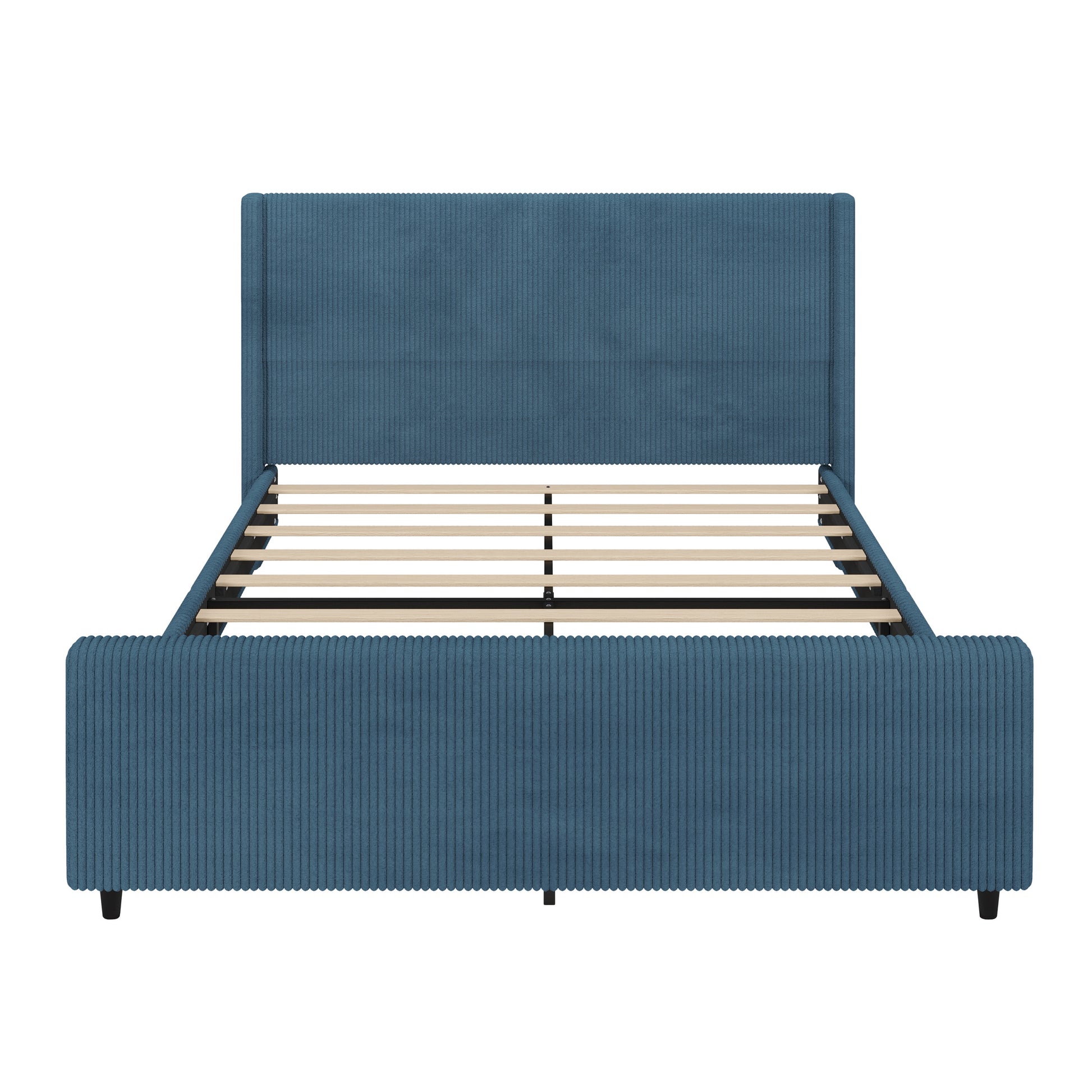 50.7'' High Headboard Corduroy Upholstered Bed Frame With Vertical Stripe Wingback And High Footboard No Box Spring Needed,King Size, Blue Box Spring Not Required King Blue Wood Bedroom Modern Bed Frame Wood