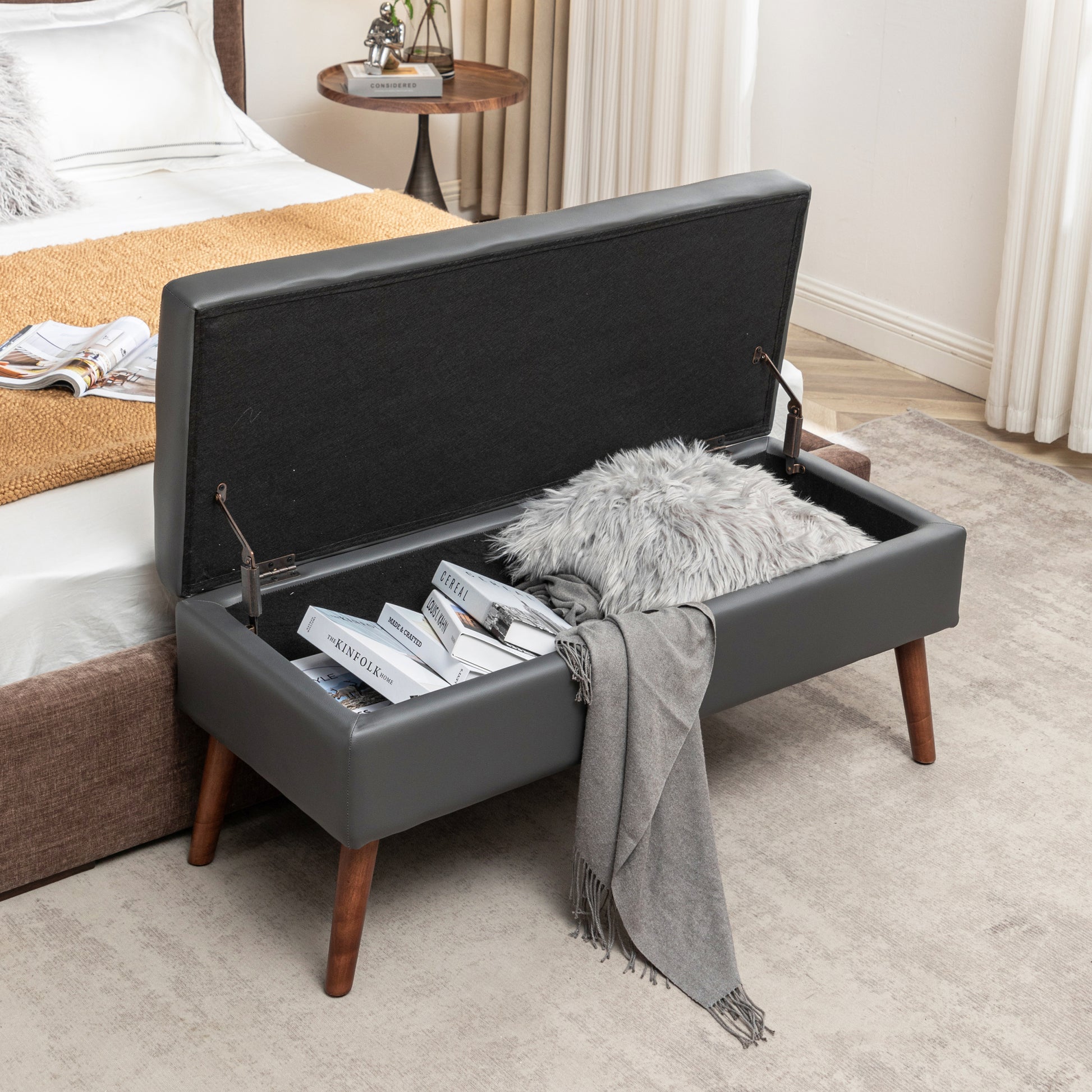 Storage Bench With Storage Bench For Bedroom End Of Bed Bench Foot Of Bed Bench Entryway Bench Storage Ottoman Bench 43.3" W X 17.7" Dark Grey Leather Bench Dark Grey Pu Leather