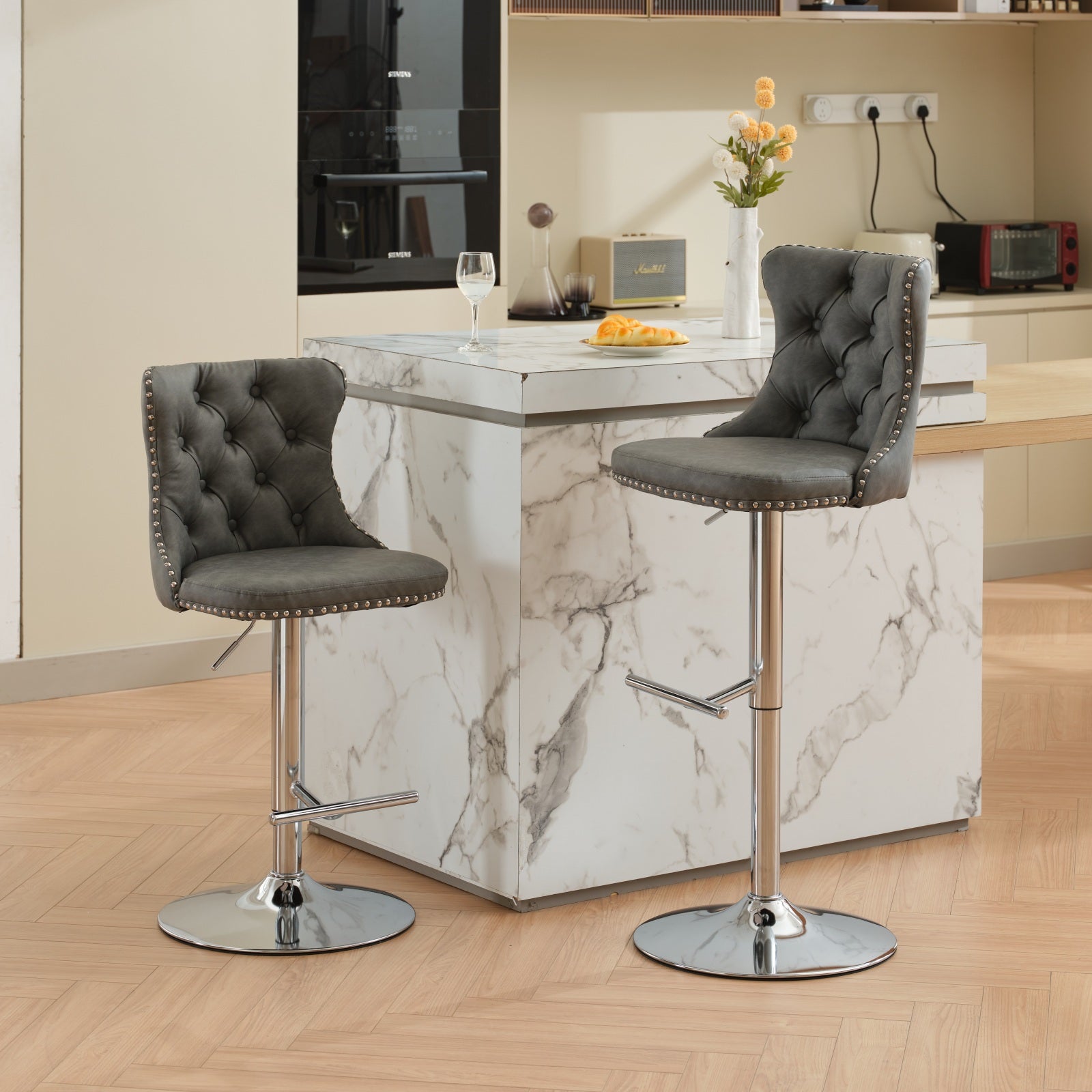 Swivel Pu Leather Barstools Adjusatble Seat Height From 25 33 Inch, Chrome Base Bar Stools With Backs Comfortable Tufted For Home Pub And Kitchen Island, Beige,Set Of 2,1512Gy Grey Dining Room