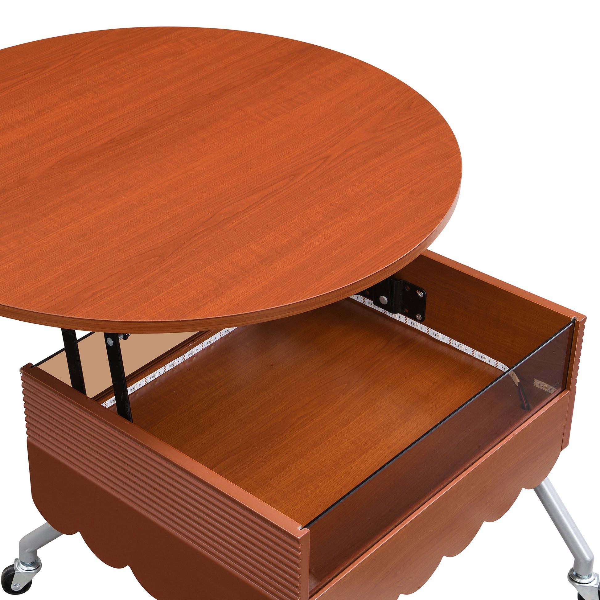 Round Lift Top Coffee Table With Wheels, Metal Frame And Multi Color Lighting In 27.6" Mahogany Glass,Mdf Metal