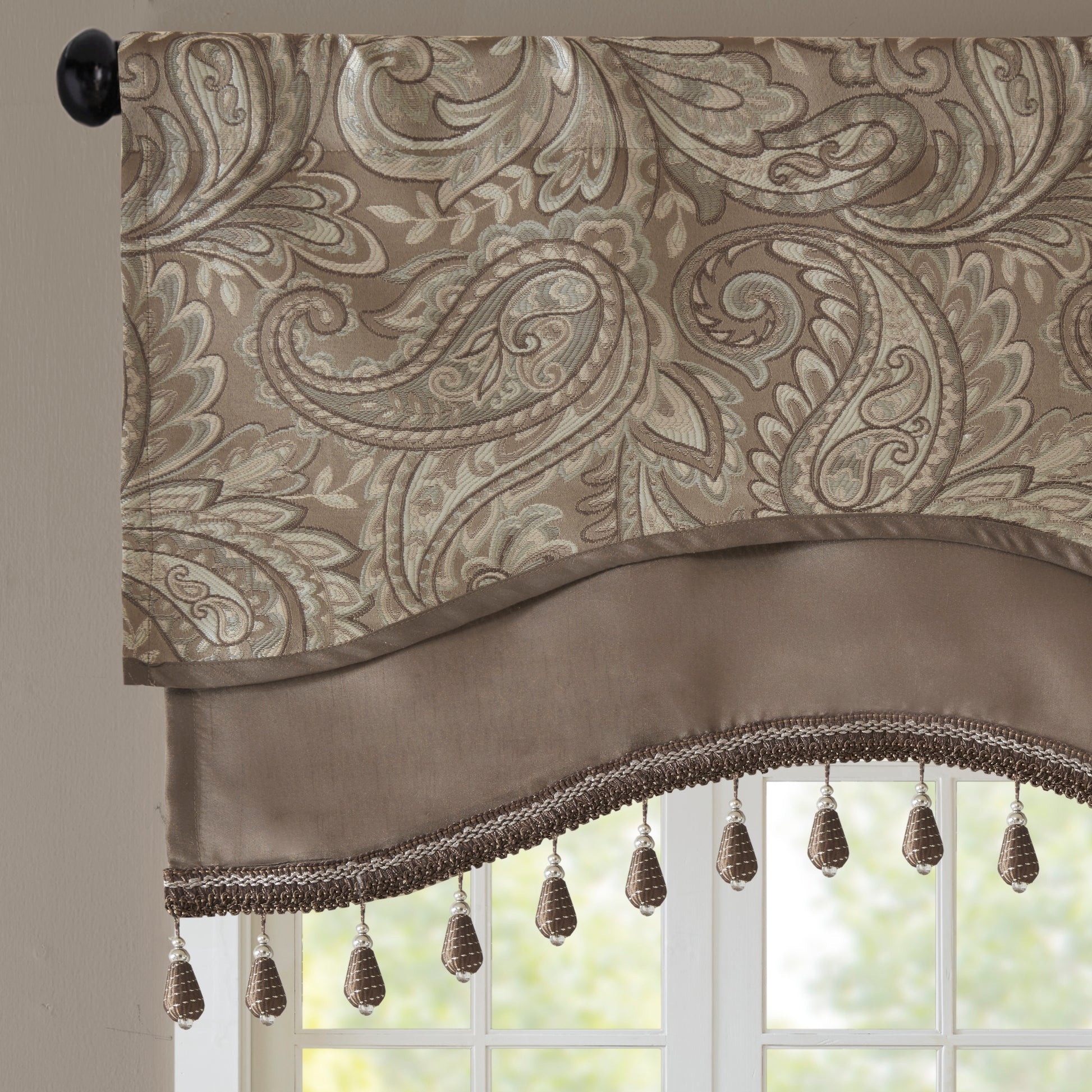 Jacquard Window Rod Pocket Valance With Beads Blue Brown 50X18" Blue Brown Polyester