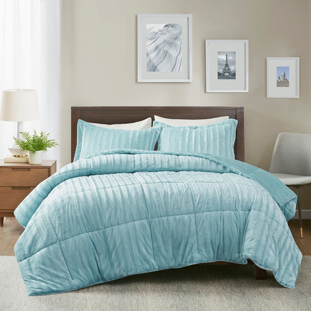 Faux Fur Comforter Mini Set King Teal Blue Polyester