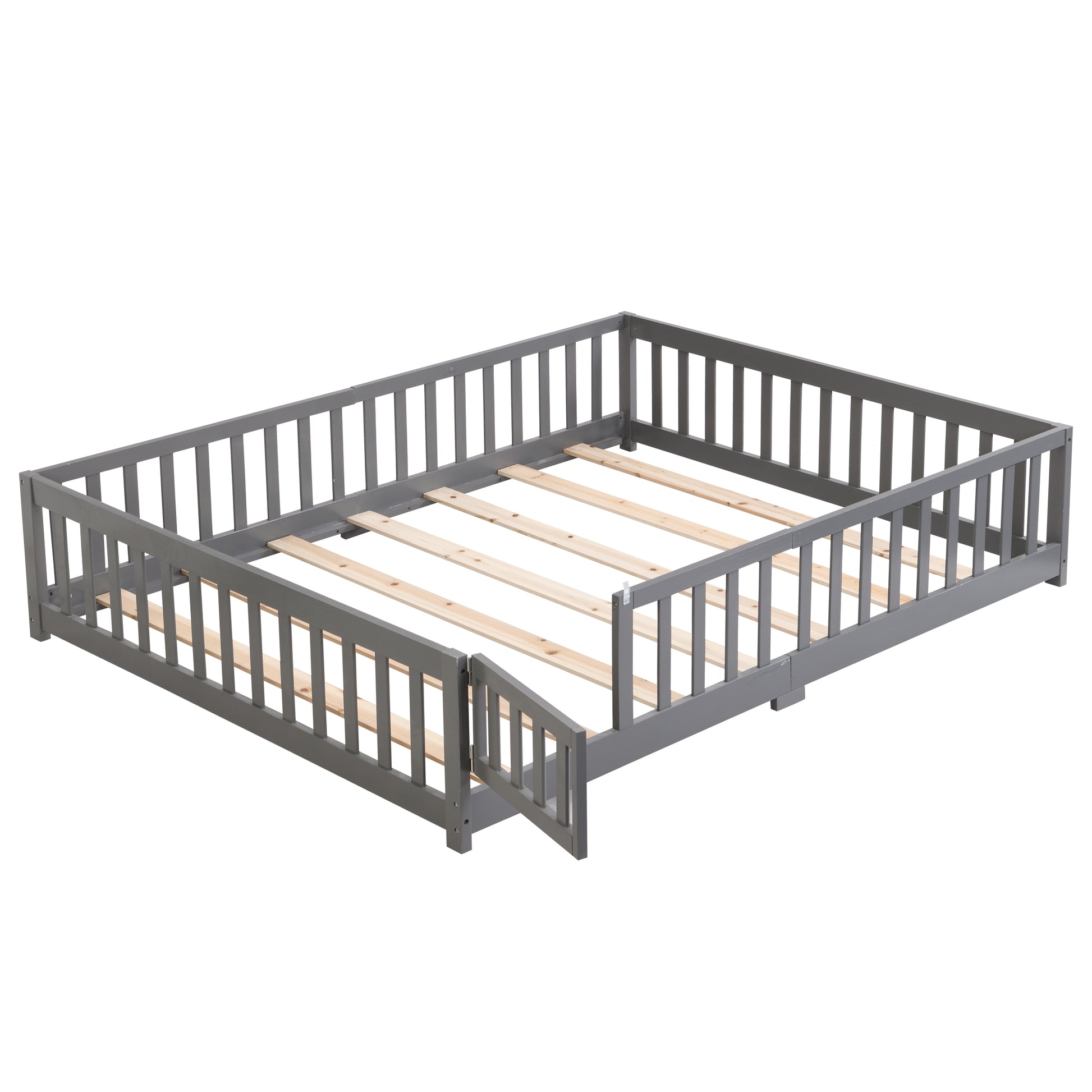 Twin Size Floor Bed With Door,Solid Wood Platform Bed Frame With Fence,Suitable For Children,Pine Wood,Gray Twin Gray Wood