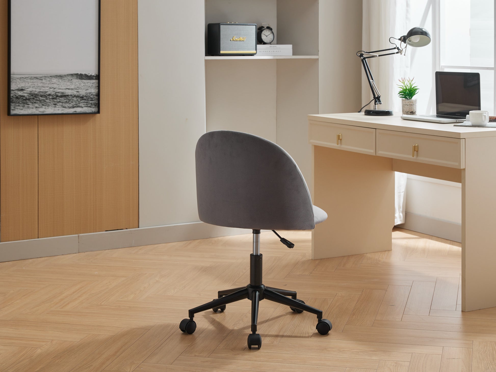 Velvet Fabric Office Chair Desk Chair, Mid Back Adjustable Swivel Computer Chair With Black Legsmodern Upholstered Desk Chair With Wheels Grey Black Foam Polyester Blend