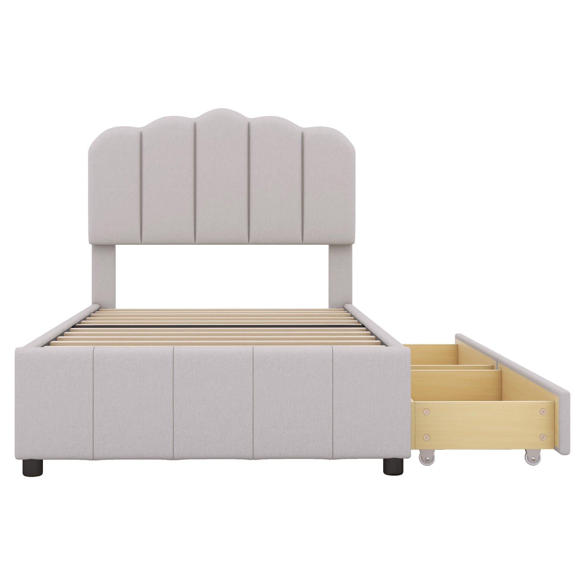 Twin Size Upholstered Bed With 2 Storage Drawers,Wood Slat Support, Beige Twin Beige Upholstered