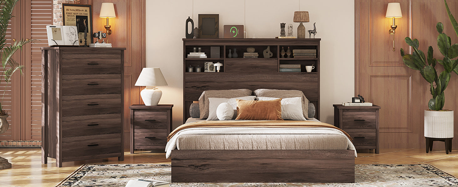 4 Pieces Bedroom Sets Queen Size Vintage Wooden Bed Frame With 2 Nightstands And 1 Dresser,Dark Walnut Box Spring Not Required Queen Walnut 4 Piece Set American Traditional Solid Wood Mdf