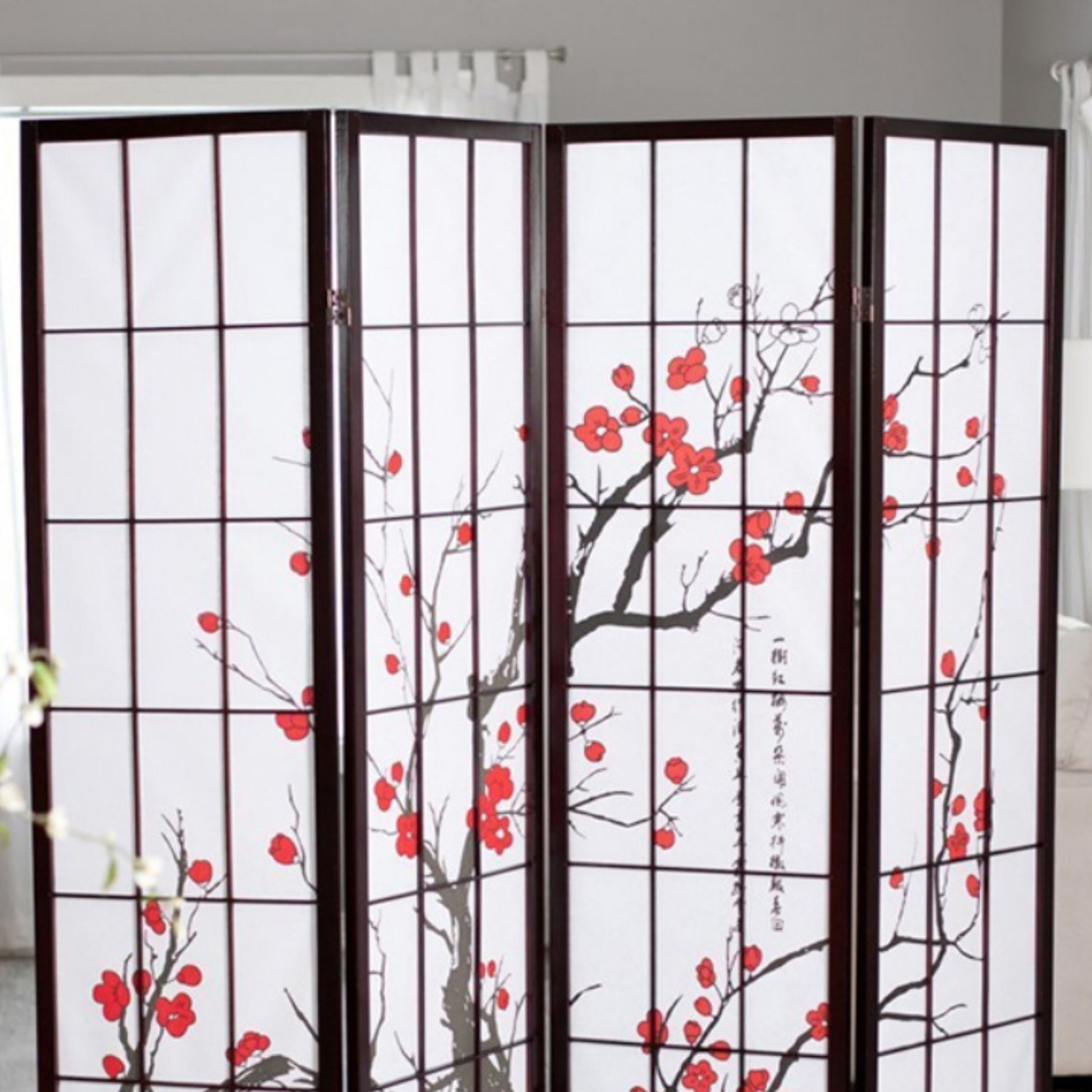 70" Tall 4 Panel Screen Room Divider, Plum Blossom Design With Black Finish Black Wood