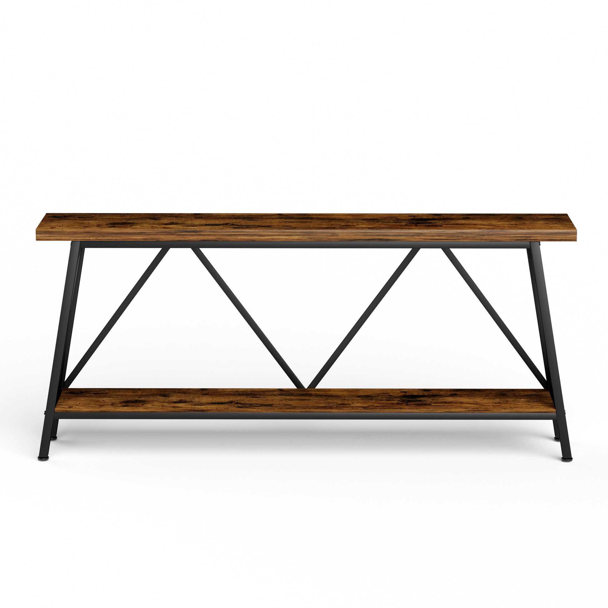 70.9 Inch Extra Long Sofa Table, Console Behind Sofa, Entryway Table With 2 Tier Storage Shelves For Hallways,Living Rooms,Foyers,Entryways,Banquet Rooms,Rustic Brown And Black, 70.9 L X 11.8"W X