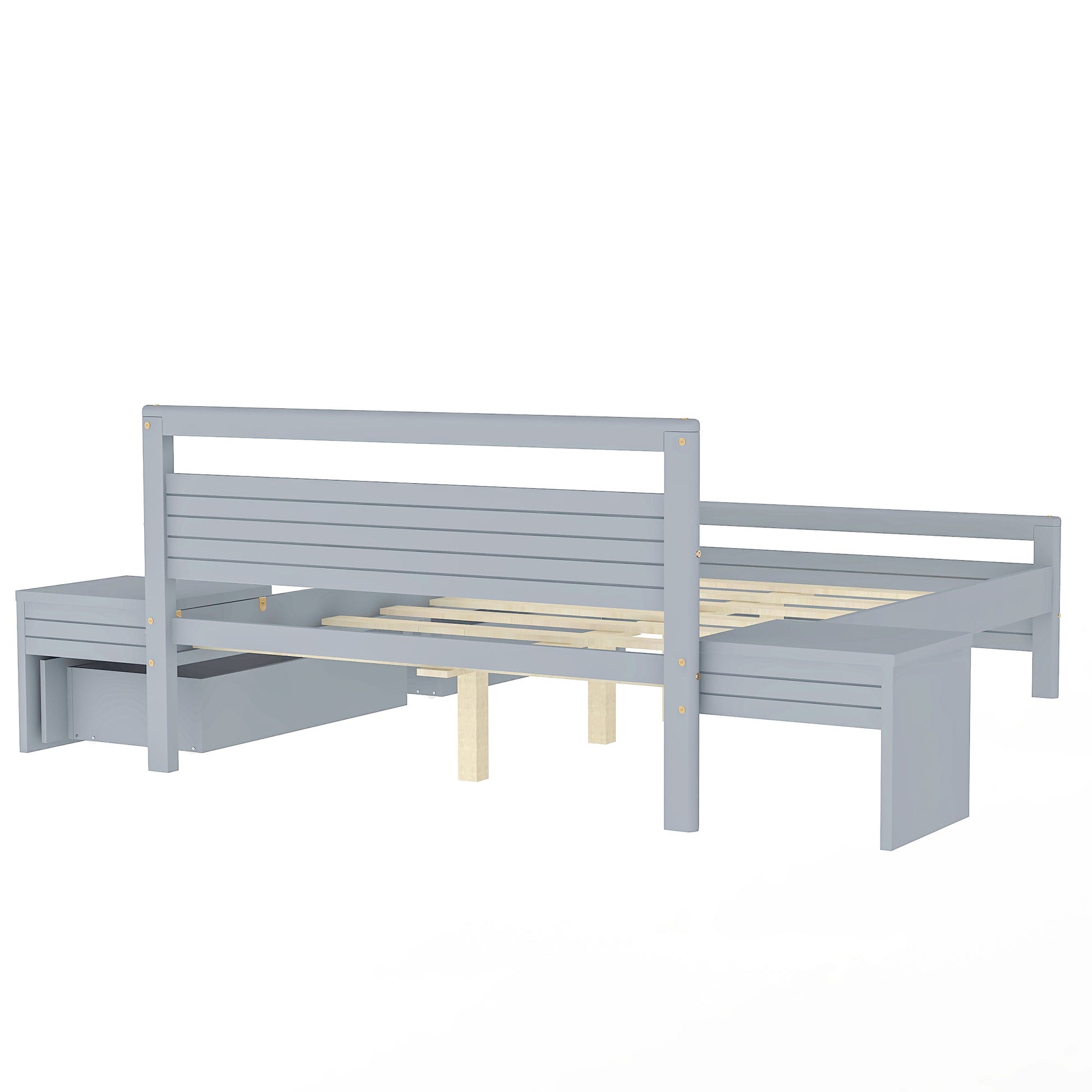 Full Size Wooden Platform Bed With 2 Storage Drawers And 2 Bedside Tables, Gray Full Gray Pine