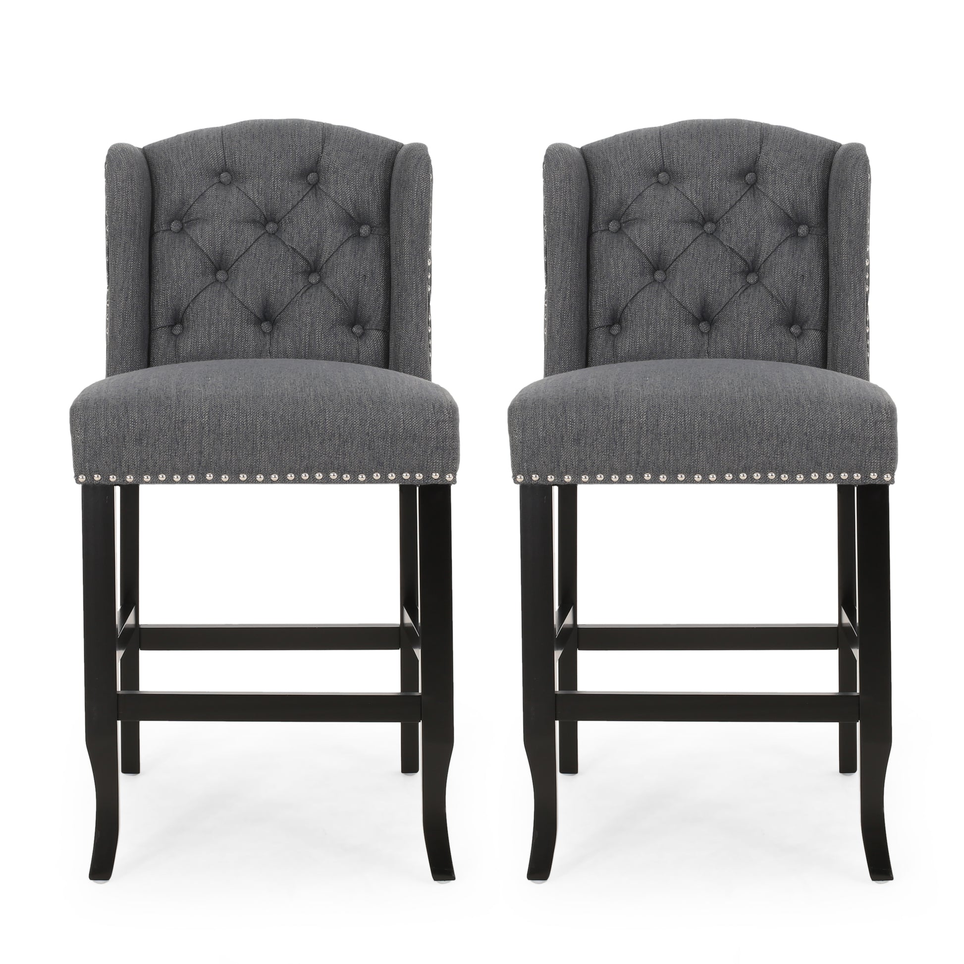 Vienna Contemporary Fabric Tufted Wingback 27 Inch Counter Stools, Set Of 2, Charcoal And Dark Brown Charcoal Fabric