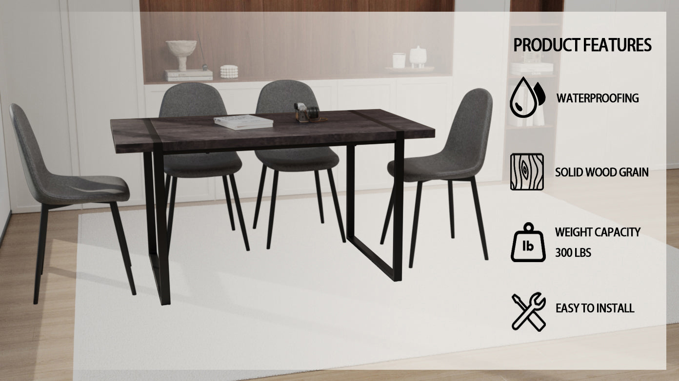 59" Mdf Black Wooden Dining Table And Modern Dining Chair Set Of 4 Pieces, Medieval Wooden Kitchen Dining Table Set, Black Rectangular Metal Base, Dining Table And Suede Chair Set Black Grey Mdf