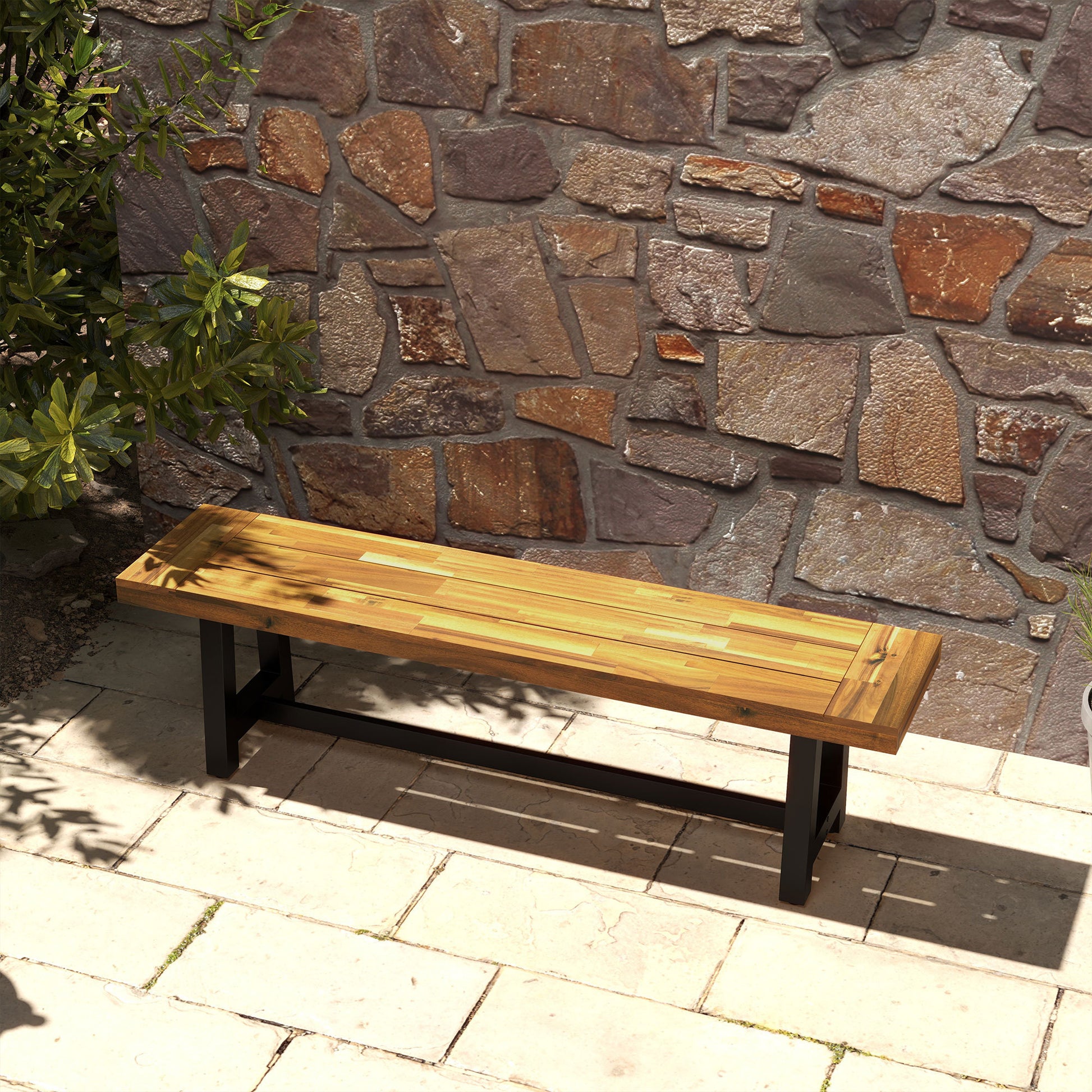 Outsunny Wooden Outdoor Garden Bench, Park Bench With Acacia Wood Seat, Front Porch Bench With Metal Frame For Conservatory, Poolside, Deck, 63" X 14.25" X 18", Natural Natural Steel