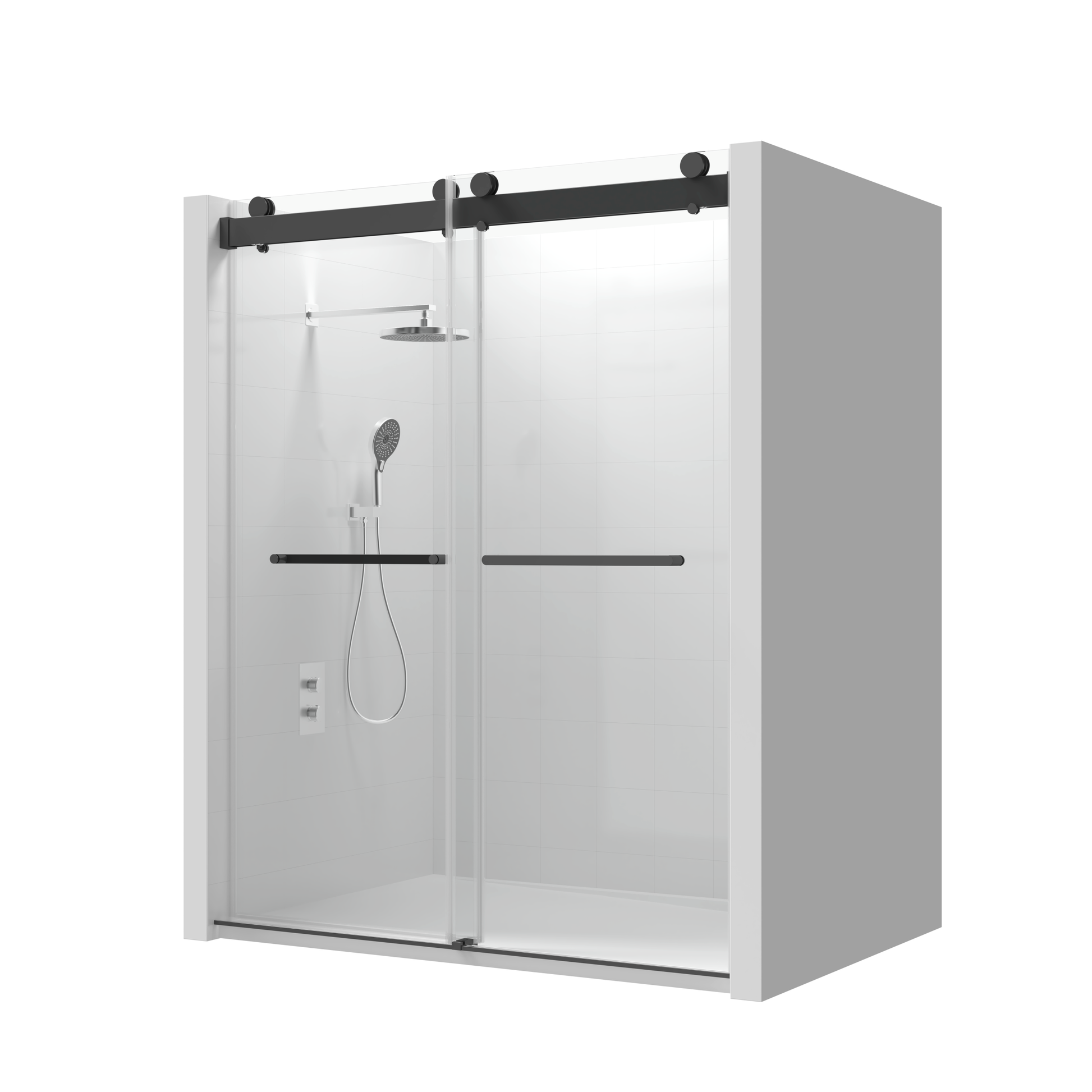 68 72 In. W X 76 In. H Double Sliding Frameless Soft Close Shower Door With Premium 3 8 Inch 10Mm Thick Tampered Glass And Easy Cleaning Coating, Stainless Steel In Matte Black 23D02 72Mb Matte Black Stainless Steel Tempered Glass Sheet Metal Plastic