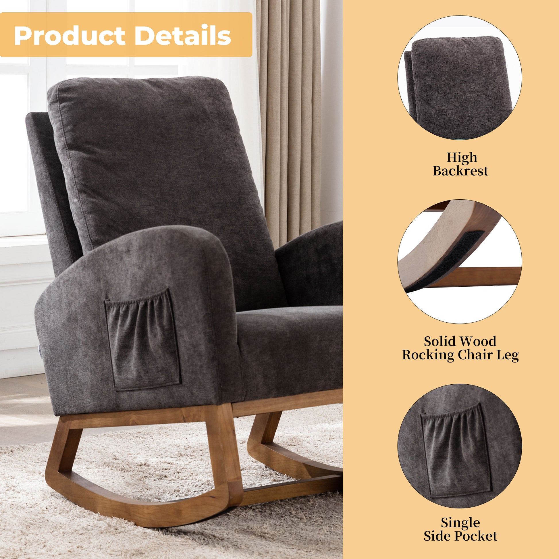 Coolmore Rocking Chair, Modern Glider Chair, Recliner Armchair With Wood Legs And Side Pocket, Nursery Rocking Accent Chair With High Back For Living Room Bedroom Dark Gray Linen Dark Gray Foam Solid Wood