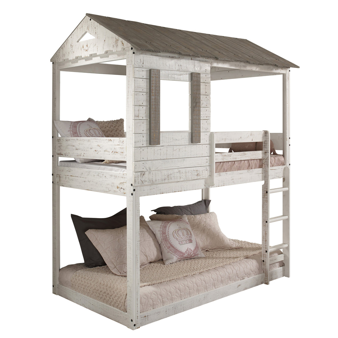 Rustic White Twin Over Twin Bunk Bed With Built In Ladder White Wood