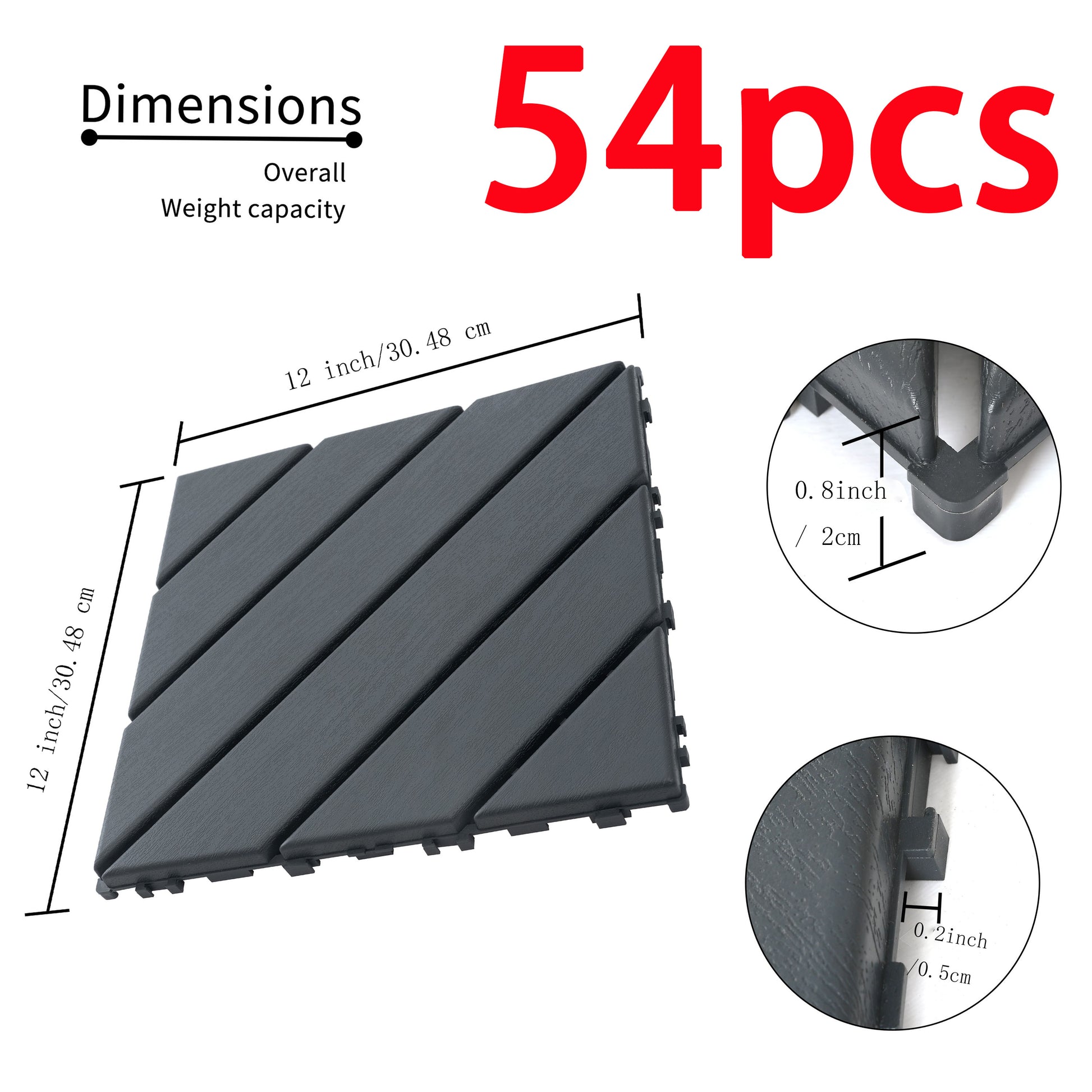 54 Pack Interlocking Plastic Deck Tiles 12"X12" Square Waterproof Outdoor Poolside Balcony Backyard Decking Tiles Easy Installation Sturdy Pp Material Strong Load Bearing Capacity Grey Plastic