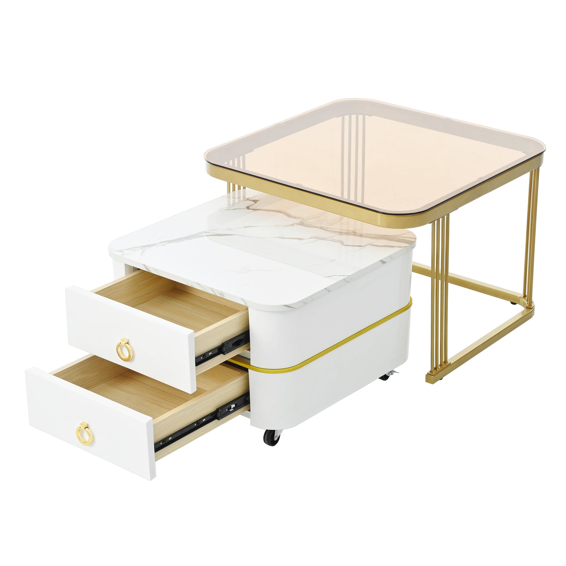 2 In 1 Square Nesting Coffee Table With Wheels & Drawers, Stackable Side Table With High Gloss Marble Grain Top, End Table Set With Brown Tempered Glass For Living Room, White White Gold Primary Living Space Drawers Square Mdf Steel