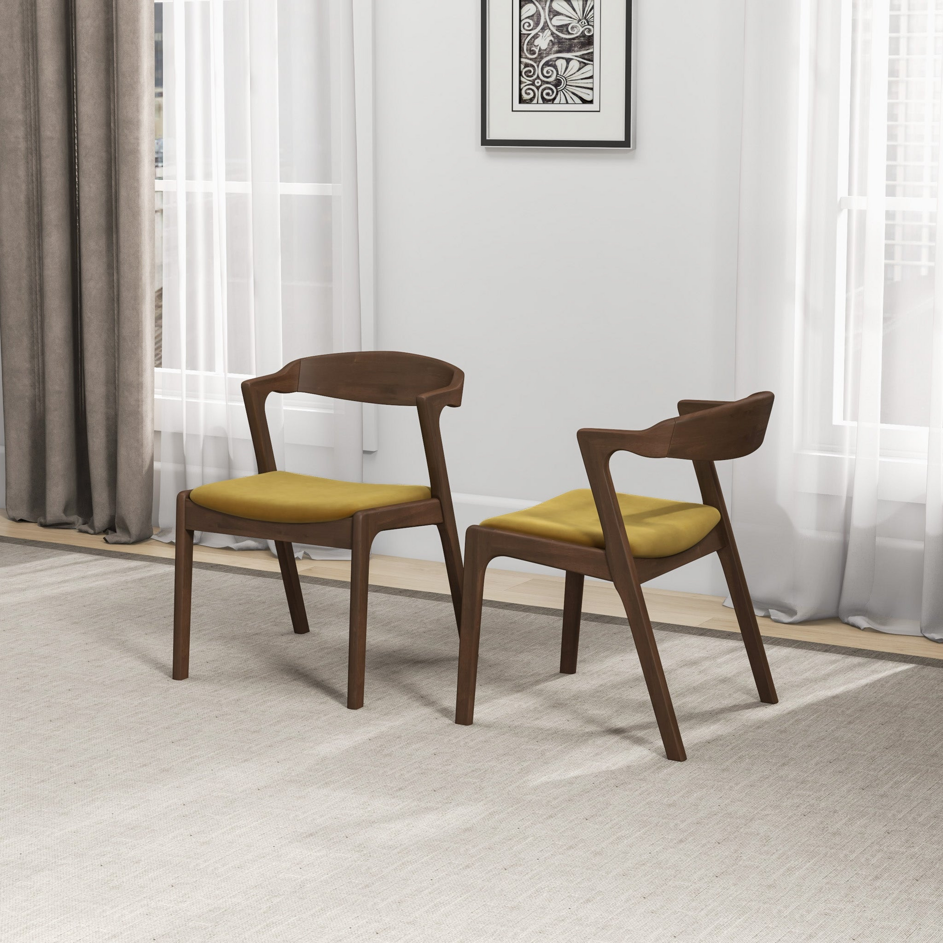 Dakota Dark Yellow Velvet Dining Chair Set Of 2 Solid Brown,Yellow Brown Dining Room Foam Wipe Clean Mid Century Modern Dining Chairs Set Of 2 Foam Solid Wood,Velvet