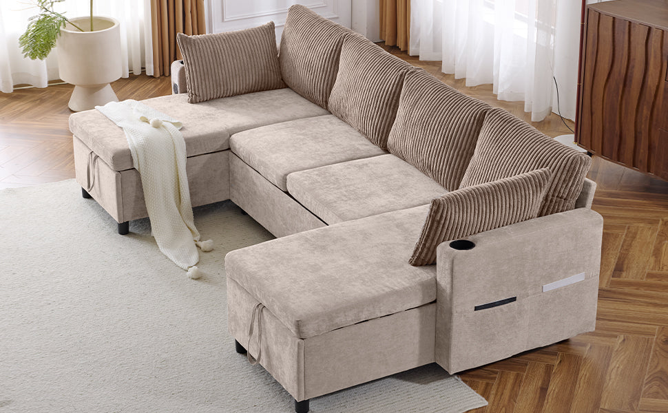 111.8" Sectional Sofa Pull Out Sofa Bed Versatile Sofa Sleeper With Large Storage Space, Two Usb Ports And Two Cup Holders For Living Room, Brown Brown Foam Chenille 4 Seat