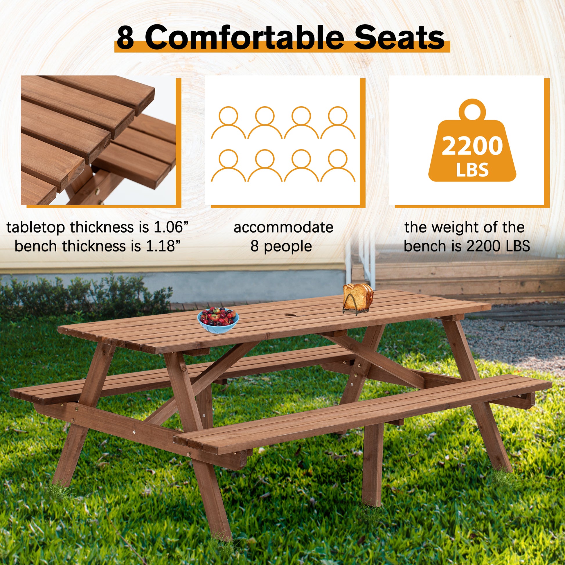 8 Person Brown Wooden Picnic Table, Outdoor Camping Dining Table With 2 Seats, Garden, Diy With 2 Built In Benches, 2220Lb Capacity Brown Wood