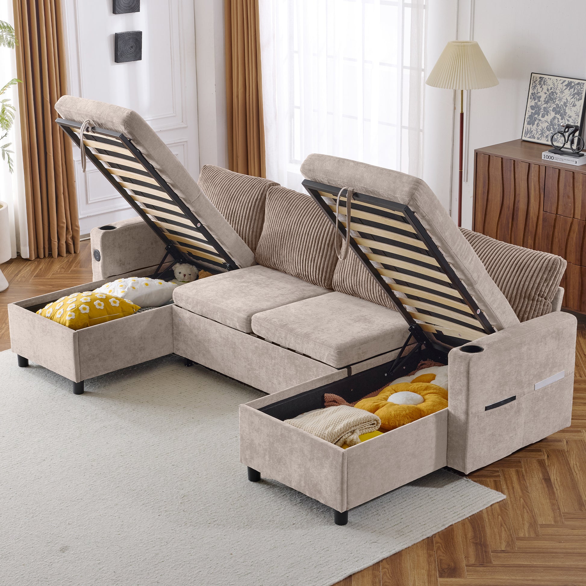 111.8" Sectional Sofa Pull Out Sofa Bed Versatile Sofa Sleeper With Large Storage Space, Two Usb Ports And Two Cup Holders For Living Room, Brown Brown Foam Chenille 4 Seat