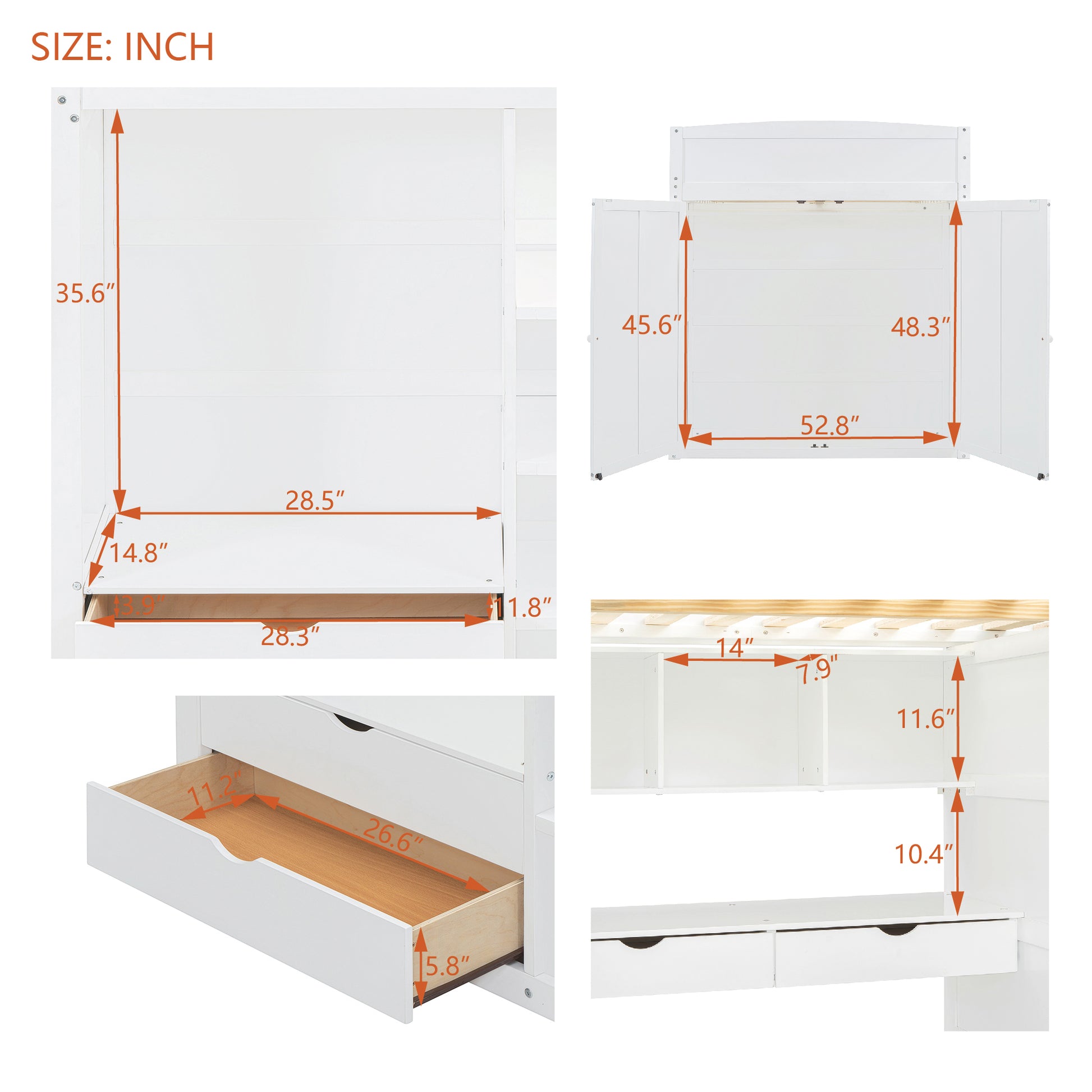 Full Size Loft Bed With Desk, Wardrobes, 4 Drawers And 4 Shelves White Full White Solid Wood