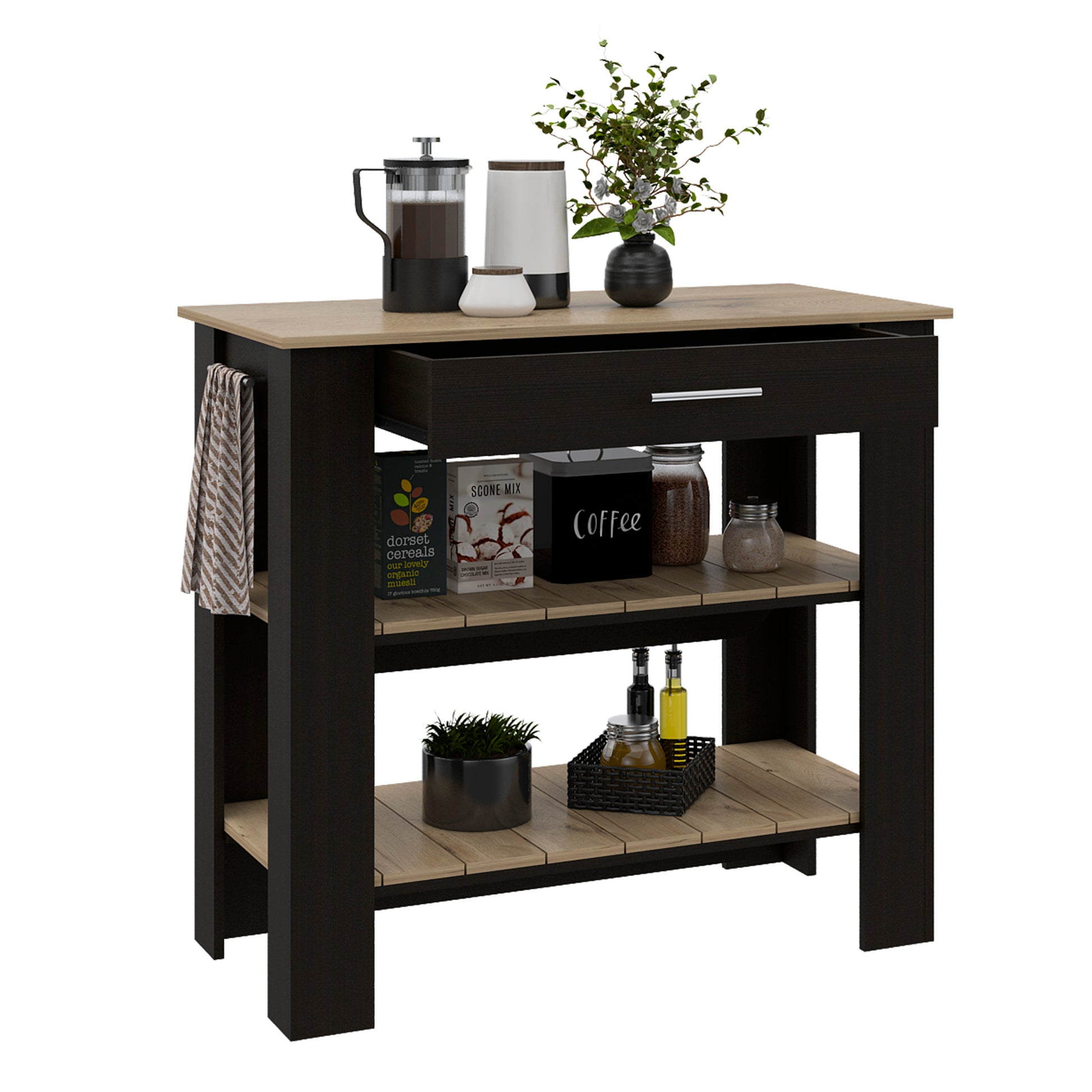 Kitchen Island 37" H, Two Open Storage Shelves, One Drawer, Four Legs,Towel Hanger, Black Light Oak Multicolor Particle Board Particle Board