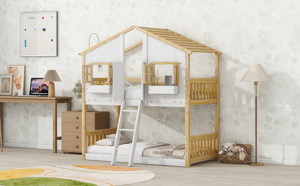 Twin Over Twin House Bunk Bed With Roofwindow, Window Box, Doorwith Safety Guardrails And Ladder, Natural White Twin Natural White Pine