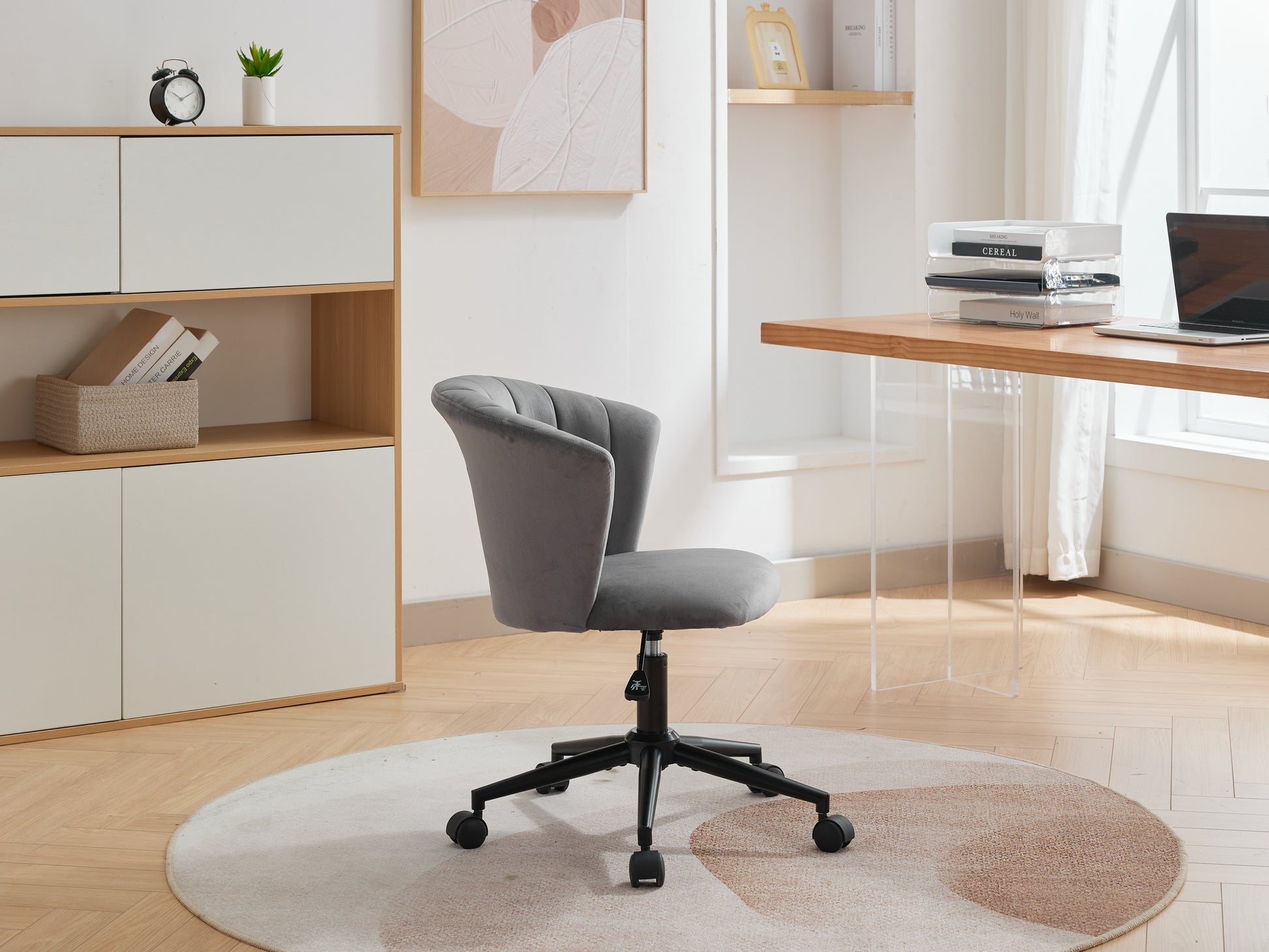 Home Office Chair, Velvet Fabric Swivel Flower Shape Computer Desk Chair For Home Office Or Bedroom Grey Black Foam Polyester Blend