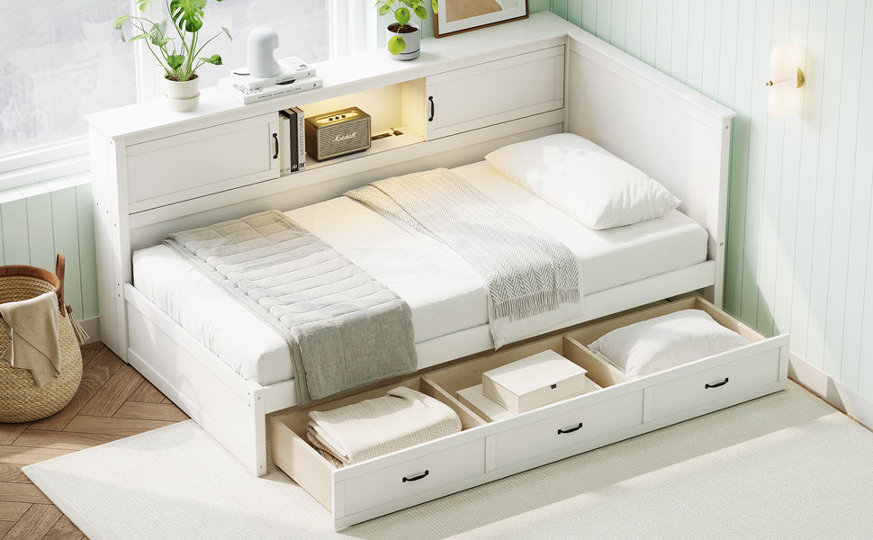 L Shaped Bed Frame With Drawer And And Bookcase,Corner Bed Wooden Captain Bed With Led Downlight And Usb Port For Small Room,Bedroom, Guest Room, Twin Size, White Box Spring Not Required Twin White Wood Bedroom Mid Century Modern,Modern Pine Bed Frame