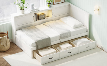 L Shaped Bed Frame With Drawer And And Bookcase,Corner Bed Wooden Captain Bed With Led Downlight And Usb Port For Small Room,Bedroom, Guest Room, Twin Size, White Box Spring Not Required Twin White Wood Bedroom Mid Century Modern,Modern Pine Bed Frame