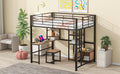 Full Size Loft Bed With Desk And Stool, Metal Loft Bed With Open Style Wardrobe, Shelves And Cabinet, Black Full Black Metal & Wood