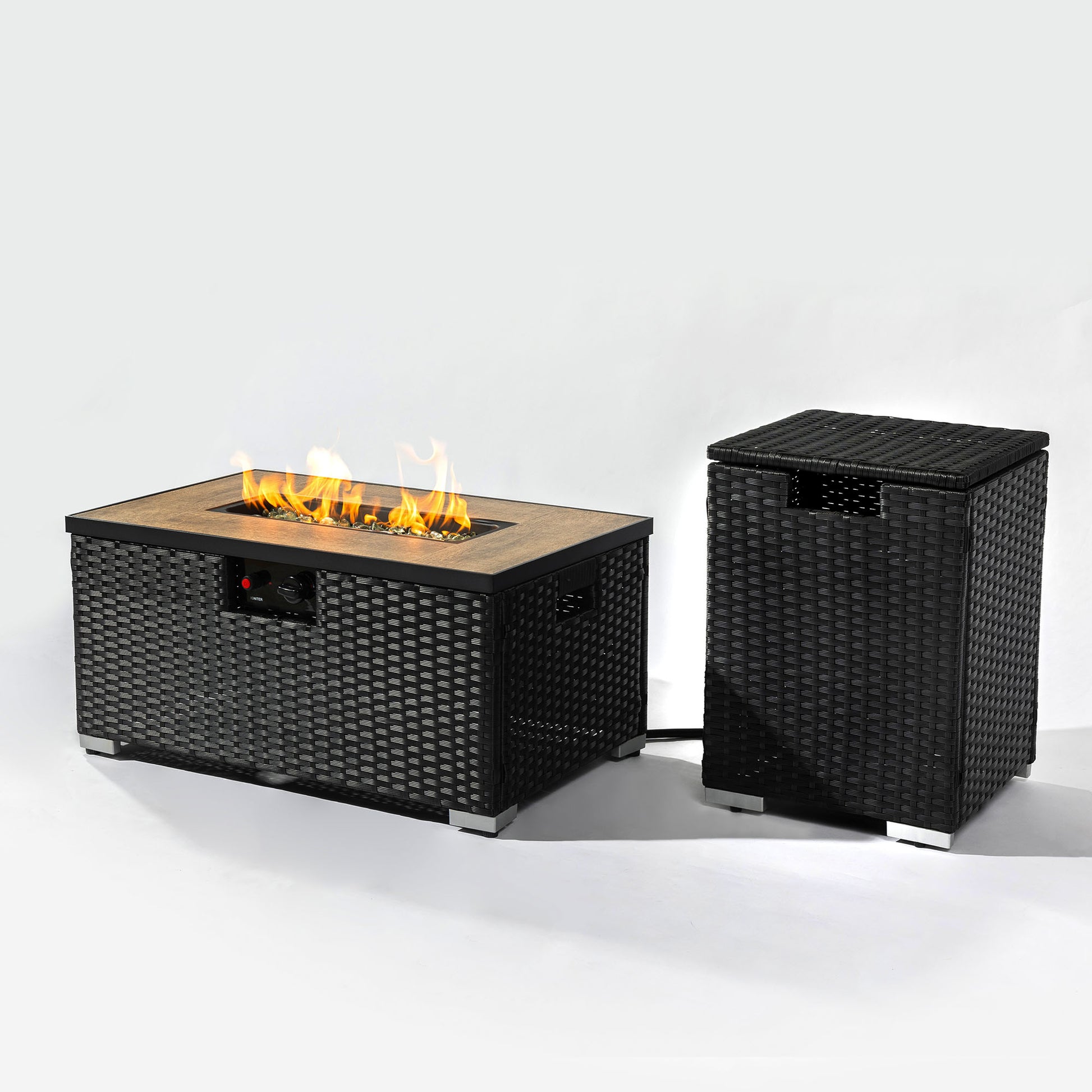 Rattan Fire Pit Table With Propane Tank Holder, Fire Table With Ceramic Tile Table Top Dark Gray Pe Rattan Iron