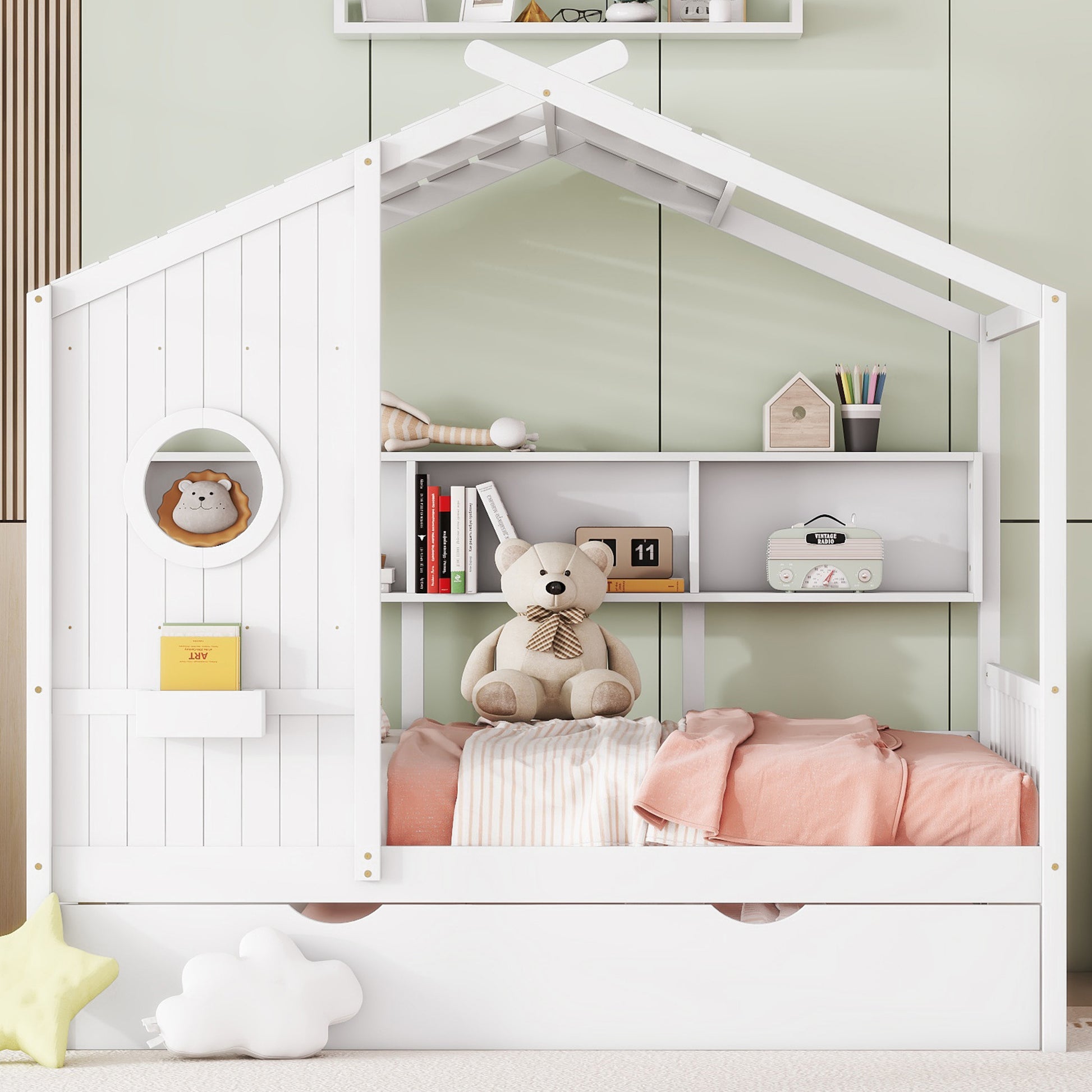 Wooden Full Size House Bed With Trundle, Modern Design For Kids With Storage Shlef, White Full White Solid Wood