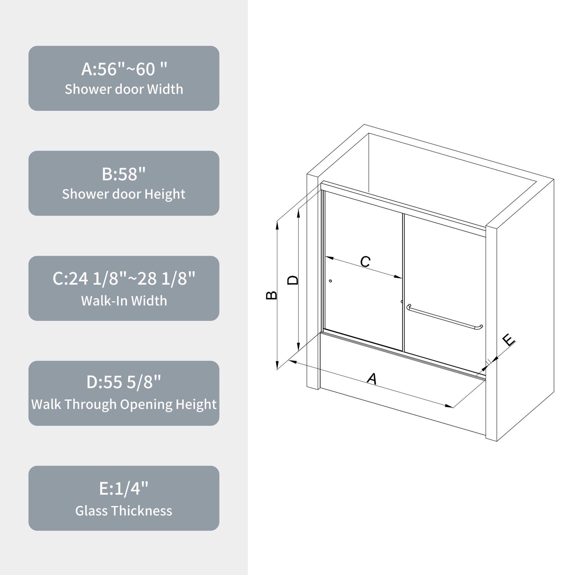 Bathtub Bypass Shower Door, Sliding Door, With 1 4" Tempered Glass And Matted Black Finish 6058 Matte Black Bathroom Aluminium Alloy