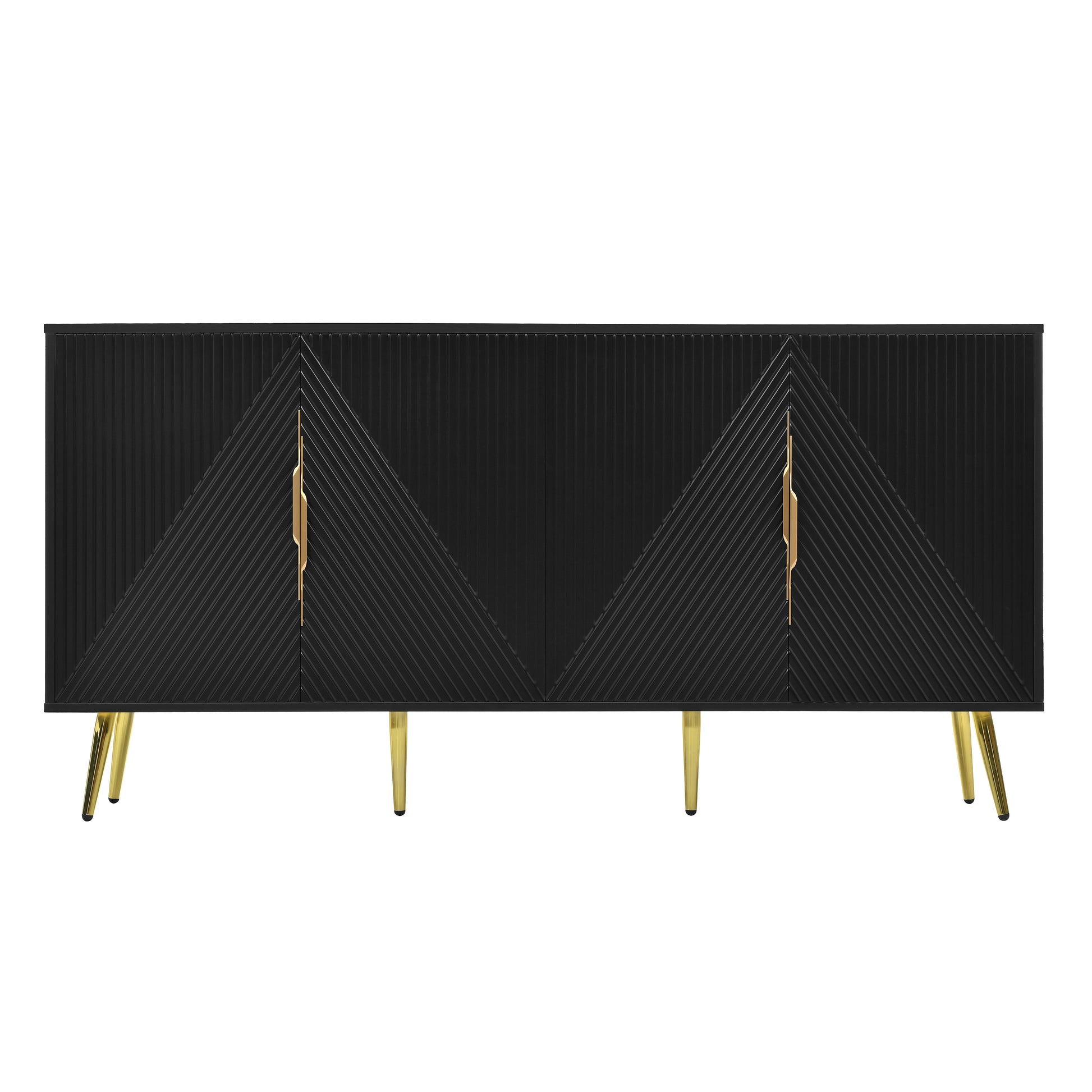 Stylish Sideboard With Wave Geometric Design, Conical Legs, Adjustable, Suitable For Study, Entryway And Living Room Black American Design Mdf