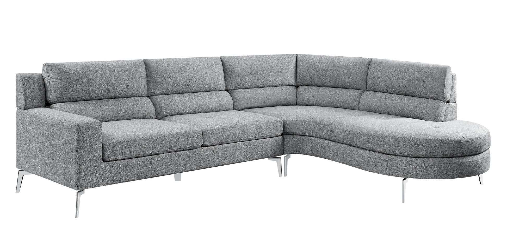 Contemporary Living Room Gray 2 Piece Sectional With Right Chaise Rounded End Plush Back Chrome Finished Legs Luxury Look Solid Wood Furniture Gray Polyester Wood Primary Living Space Contemporary,Modern Solid Wood 4 Seat