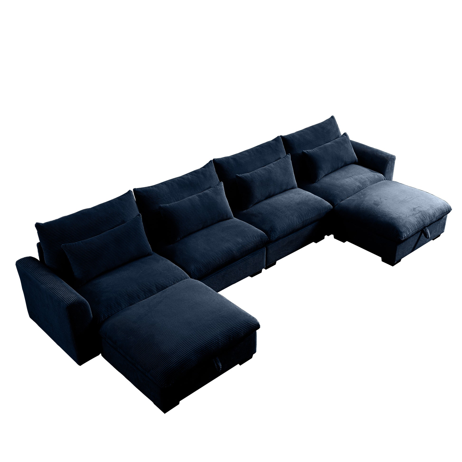 Big Deep Seat U Shaped Corduroy Sectional Couches For Living Room, 4 Seater Sofa Couch With 2 Storage Footstool And 4 Waist Pillows Corduroy, Blue Blue Corduroy 4 Seat